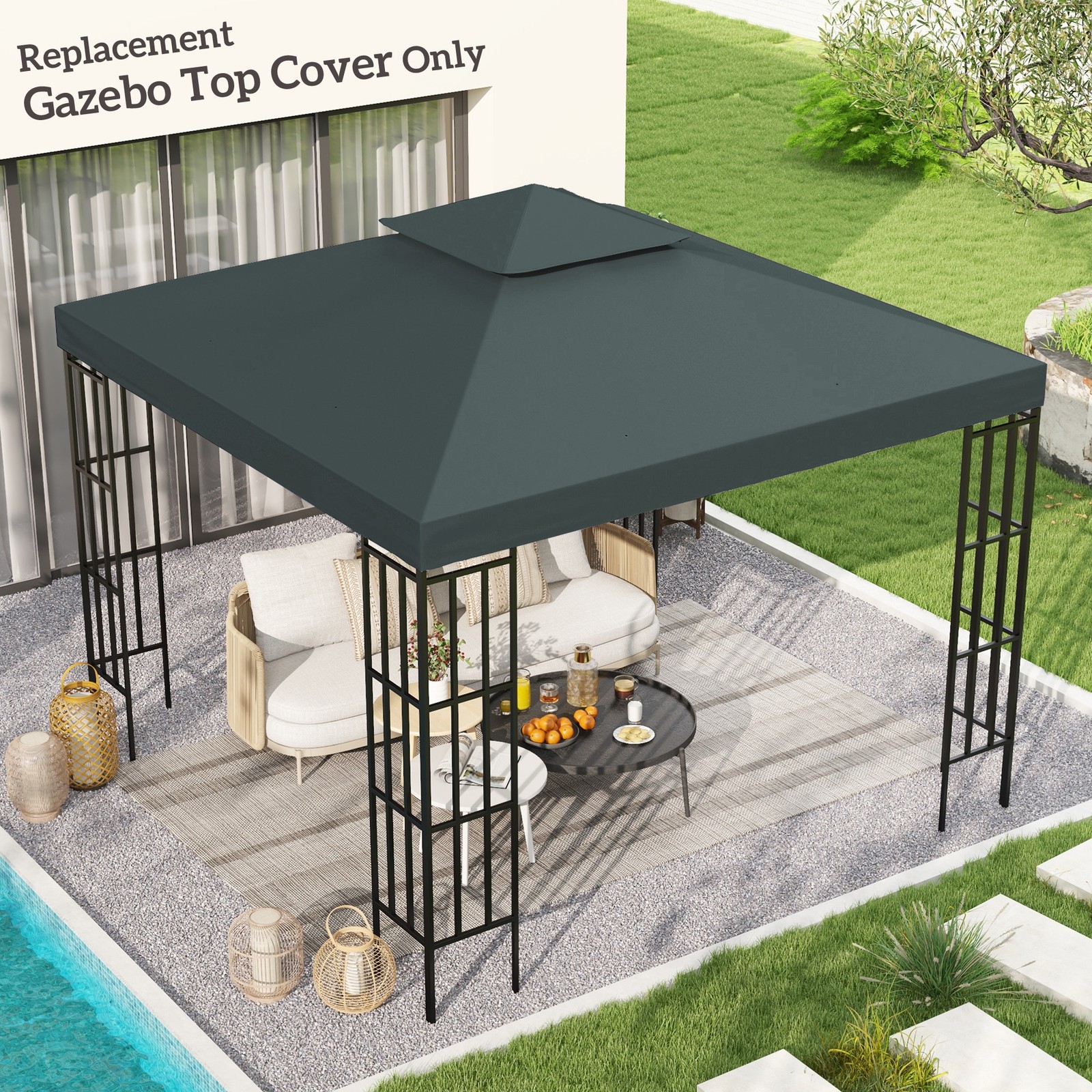 3 m Gazebo Top Cover Double Tier Canopy Replacement Pavilion Roof Charcoal Grey