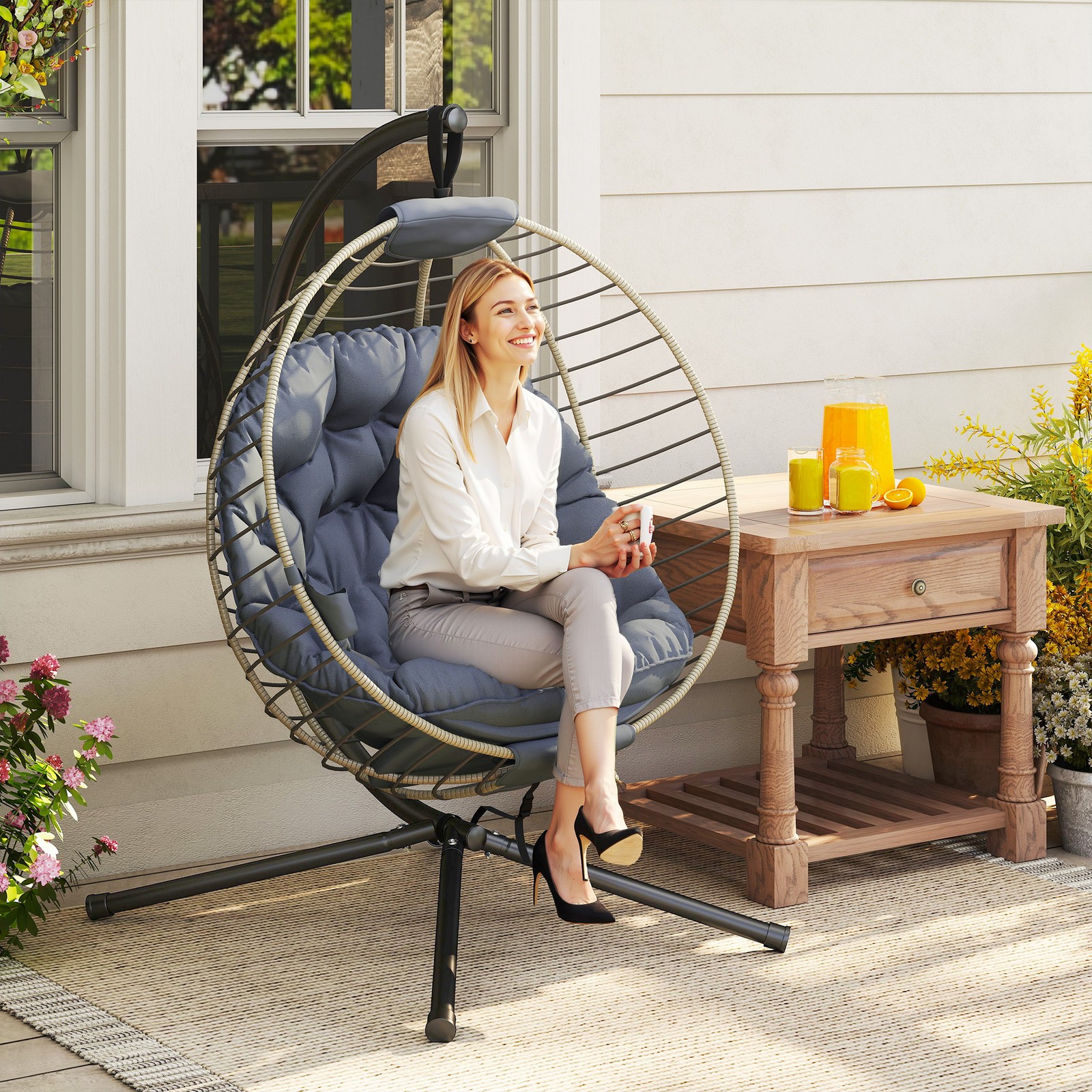 Cushioned PE Rattan Hanging Swing Chair w/ Stand & Cup Holder, Grey