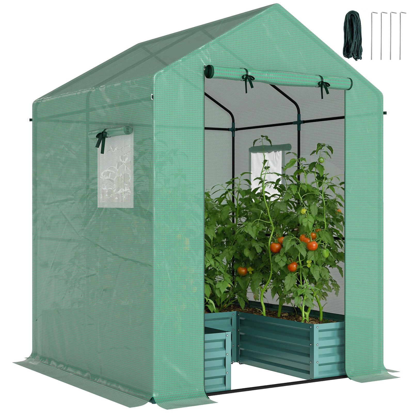Outsunny Small Greenhouse Outdoor Greenhouse with Roll Up Door, Green