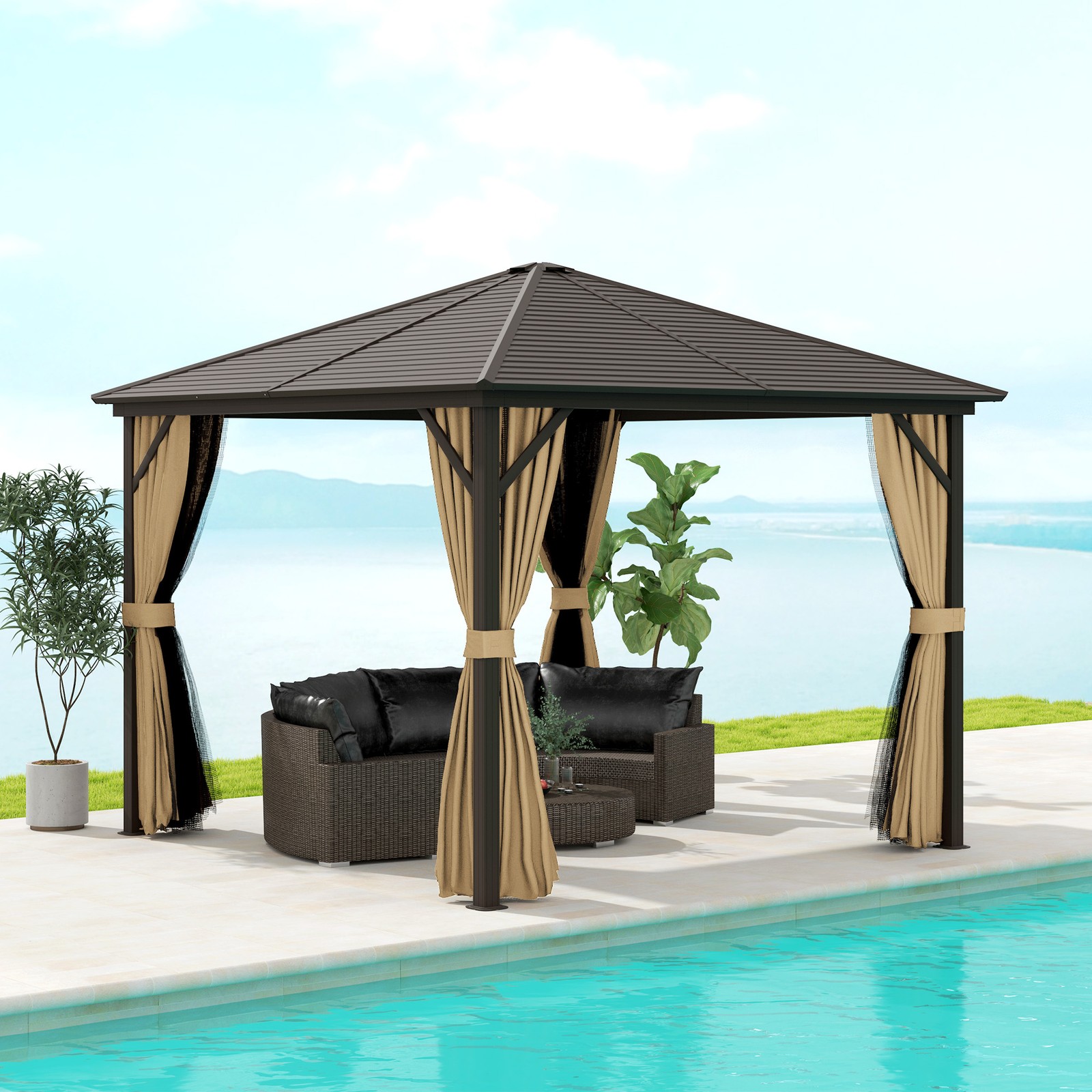 3 x 3(m) Metal Hardtop Gazebo Outdoor Shelter with Aluminium Frame and Curtains