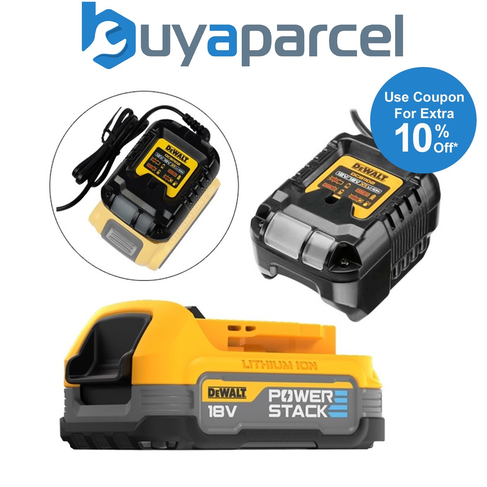 DeWalt DCBP034-XJ 18v XR Compact POWERSTACK Battery Pack + DCB1102 Charger