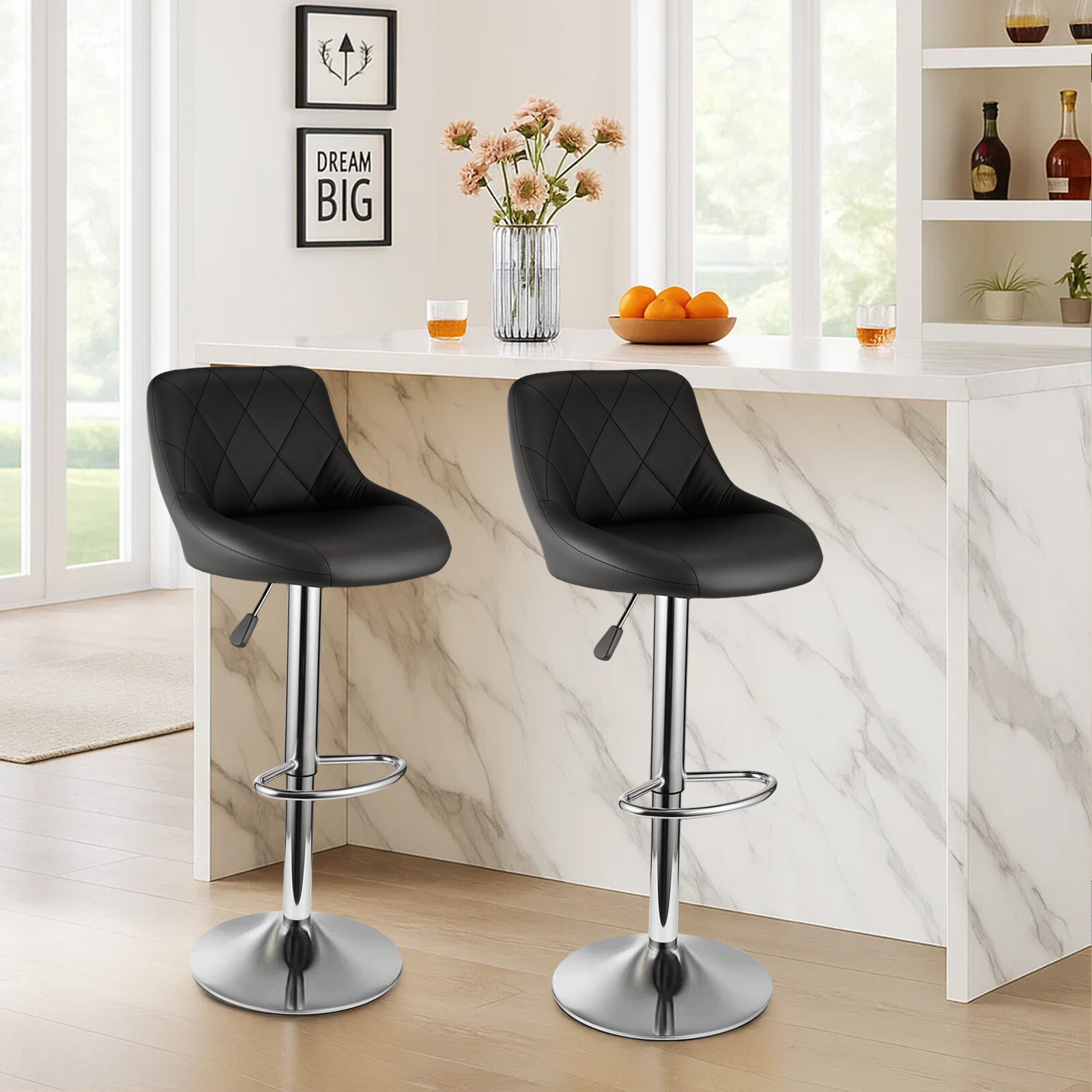 Modern Bar Stools Set 3pcs Leatherette Exterior Adjustable Swivel Gas Lift