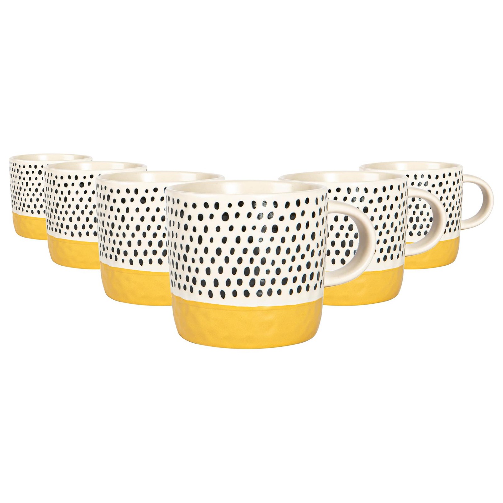 6x Dipped Dotty Stoneware Coffee Mugs Large Rustic Tea Cups Set 385ml Mustard