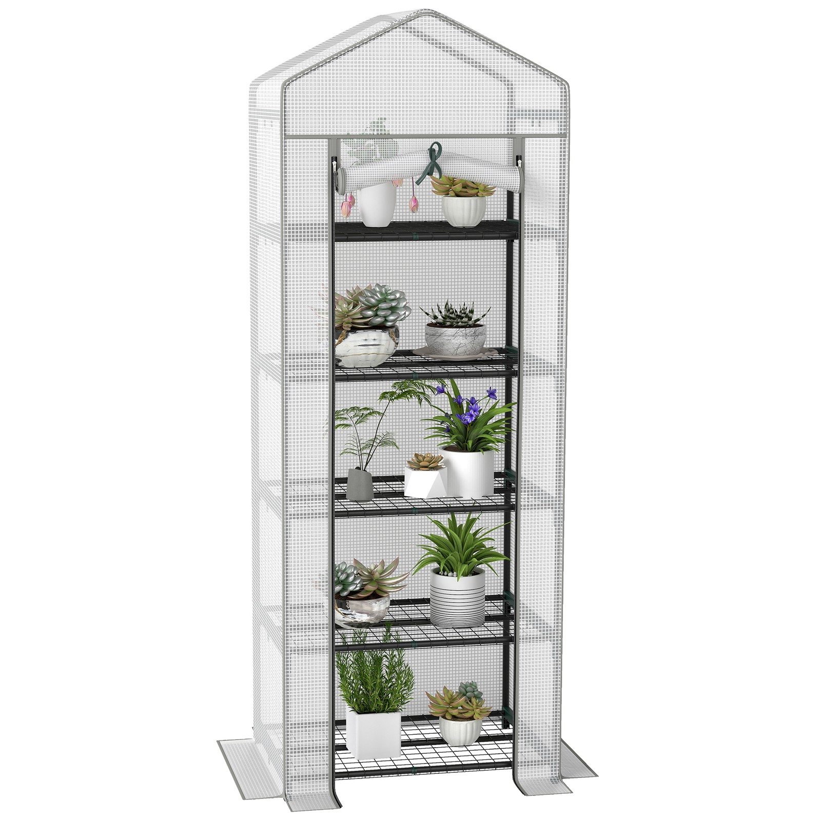 Outsunny 5 Tier Mini Greenhouse Grow House w/ Roll Up Door, White/Grey