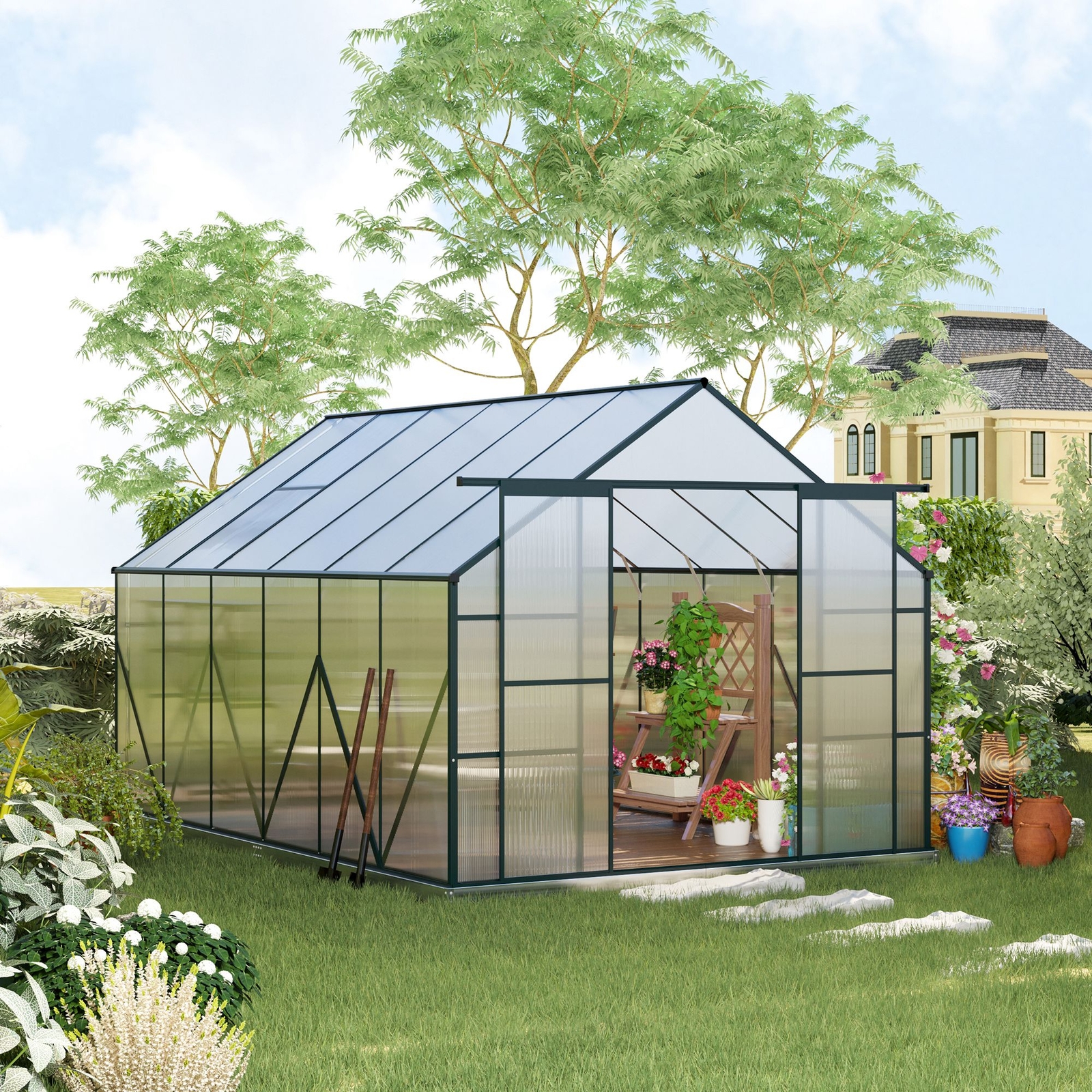 Polycarbonate Walk-in Garden Greenhouse w/ Double Sliding Door, Adjustable Vent
