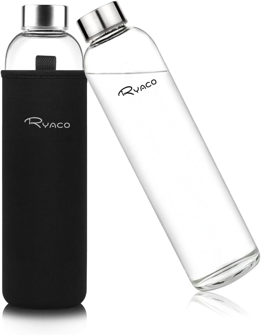 RYACO Glass Water Bottle 550ml/750ml/1000ml/1L,Borosilicate Glass Bottle with N
