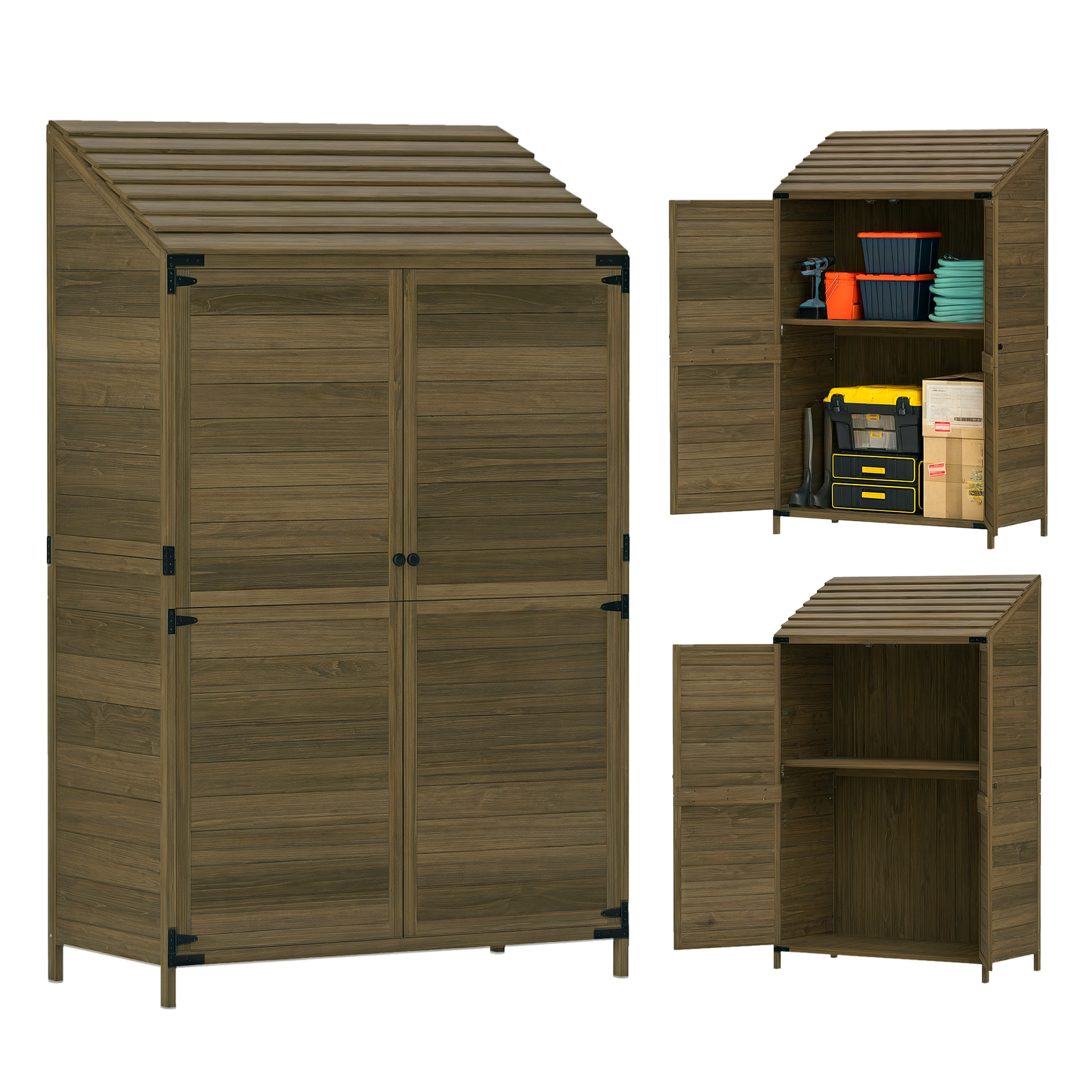 Outsunny Wooden Garden Storage Shed w/Double Doors and Shelves, Olive Brown