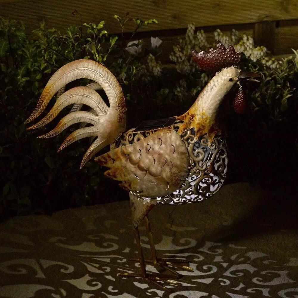 Solar Powered Metal Silhouette Cockerel Chicken Hen Garden Ornament Lighting