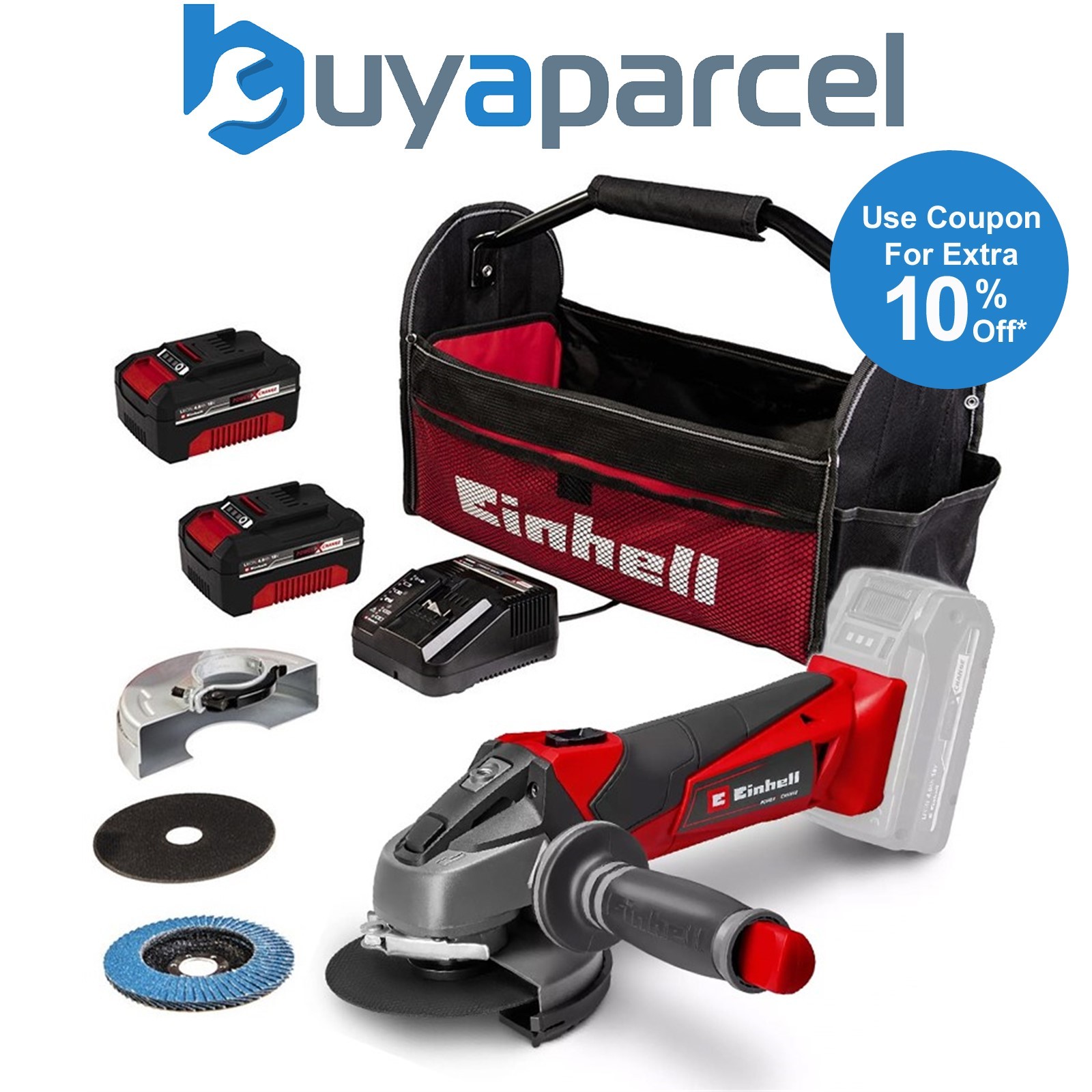 Einhell 18v 115mm Angle Grinder Cordless + Tote Bag + 2 Discs + 2X 4ah PXC Batts