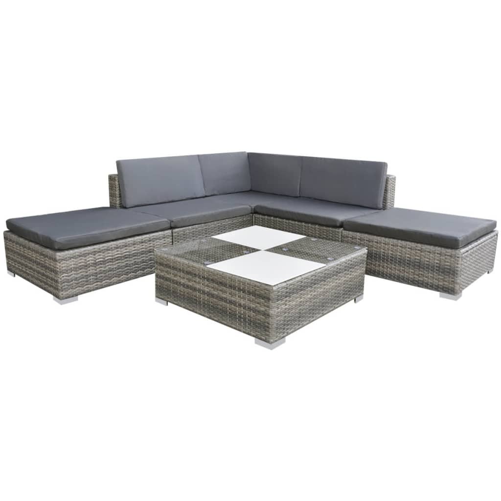 Garden Lounge Set 6 Piece with Cushions Poly Rattan Grey Chaise vidaXL