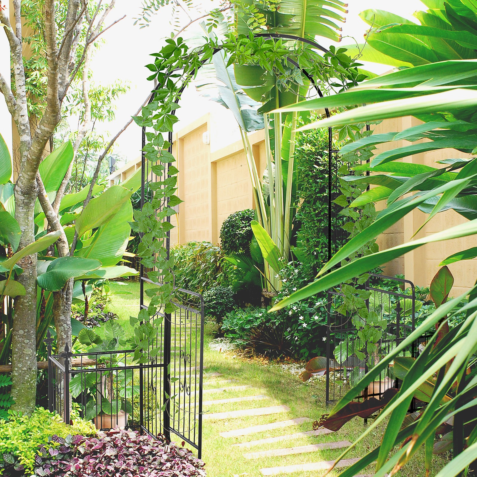Outdoor Decorative Metal Garden Gate & Trellis w/ Two Door Design Scrollwork