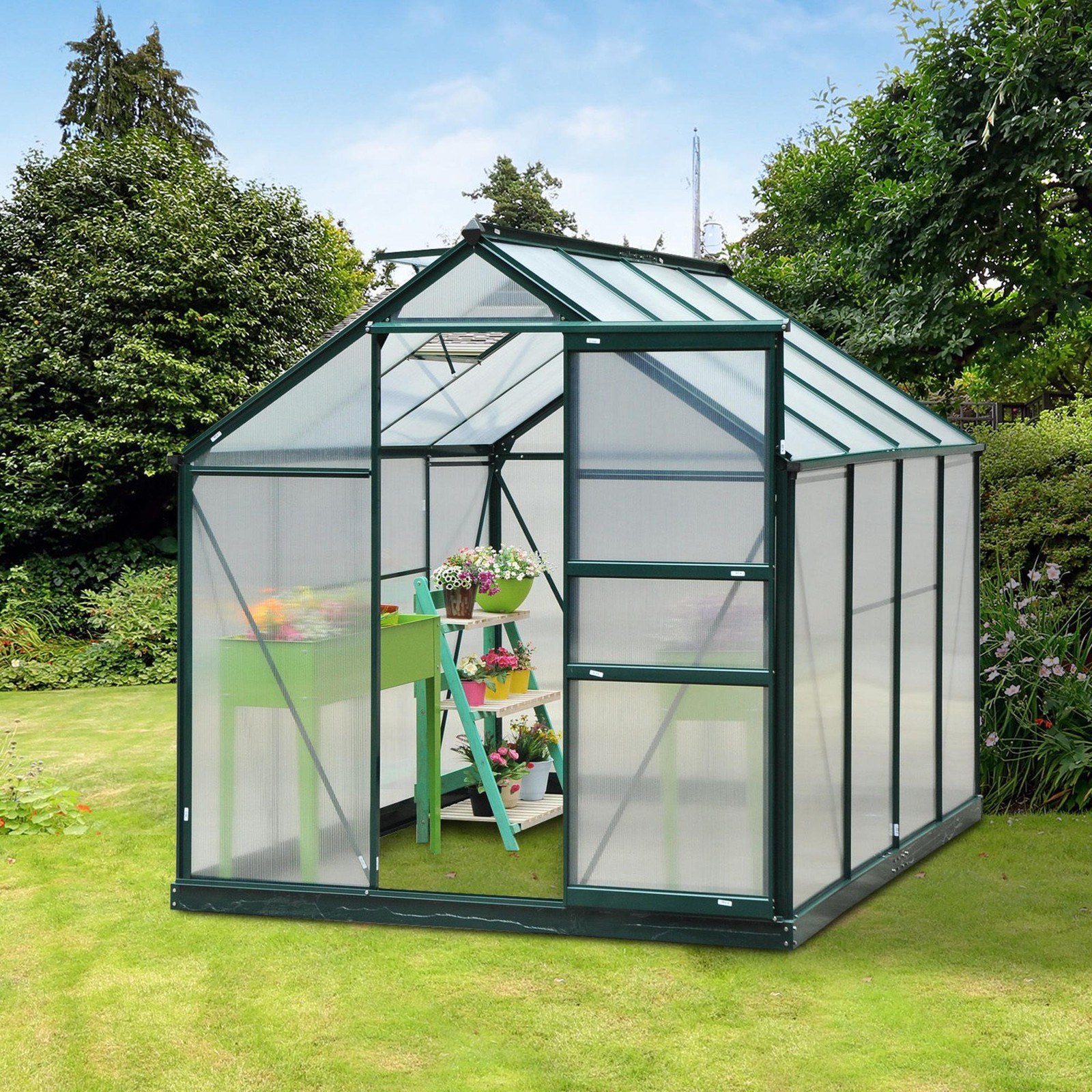 Polycarbonate Walk-In Garden Greenhouse Aluminum Frame w/ Slide Door 6 x 8ft
