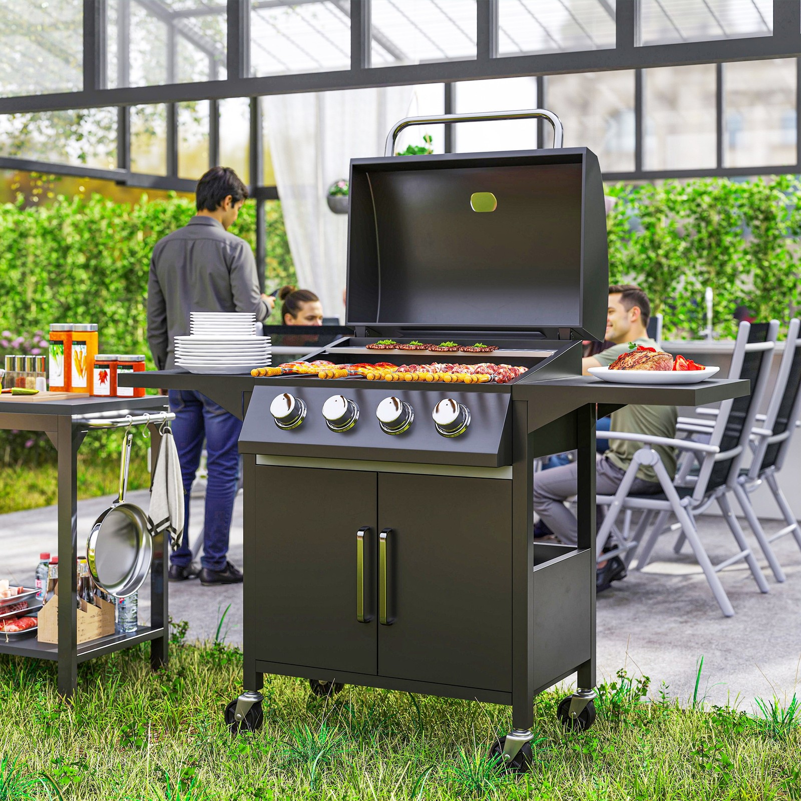 Outdoor 4 Burner Gas Grill Barbecue Trolley with Warming Rack, Side Shelf