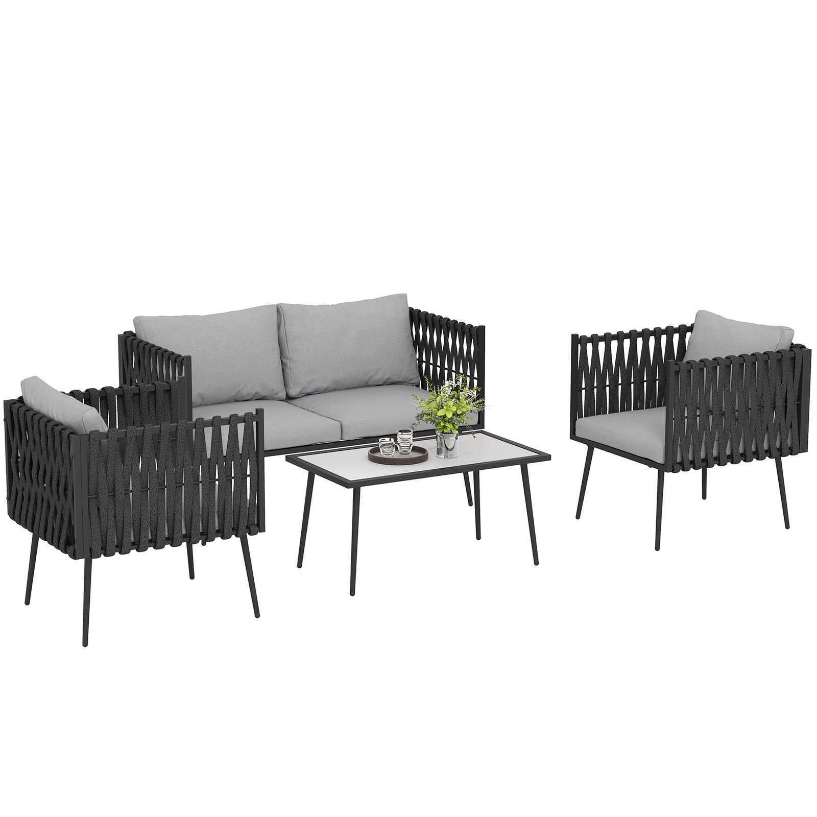 Outsunny 4 Piece Garden Furniture Set with Cushions for Patio, Light Grey