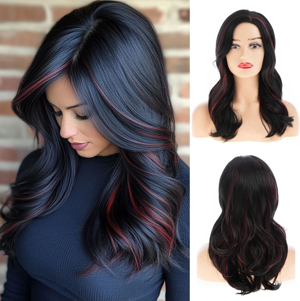 Long Wavy Red Black Wigs for Women Synthetic Side Part Natural Heat Resistant P