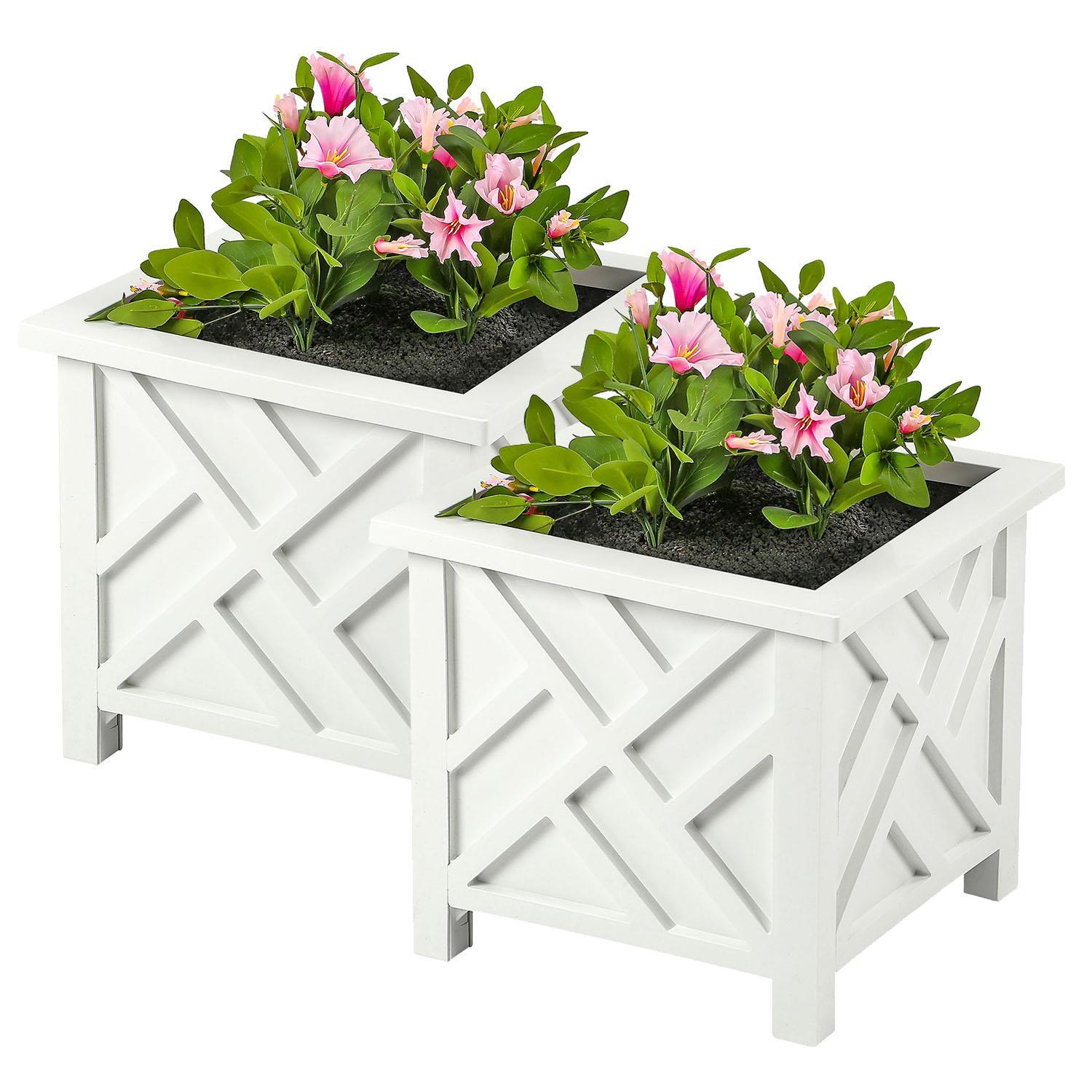 2x Lattice Design Square Planter Box Plastic Decorative Flower Plant Pot White