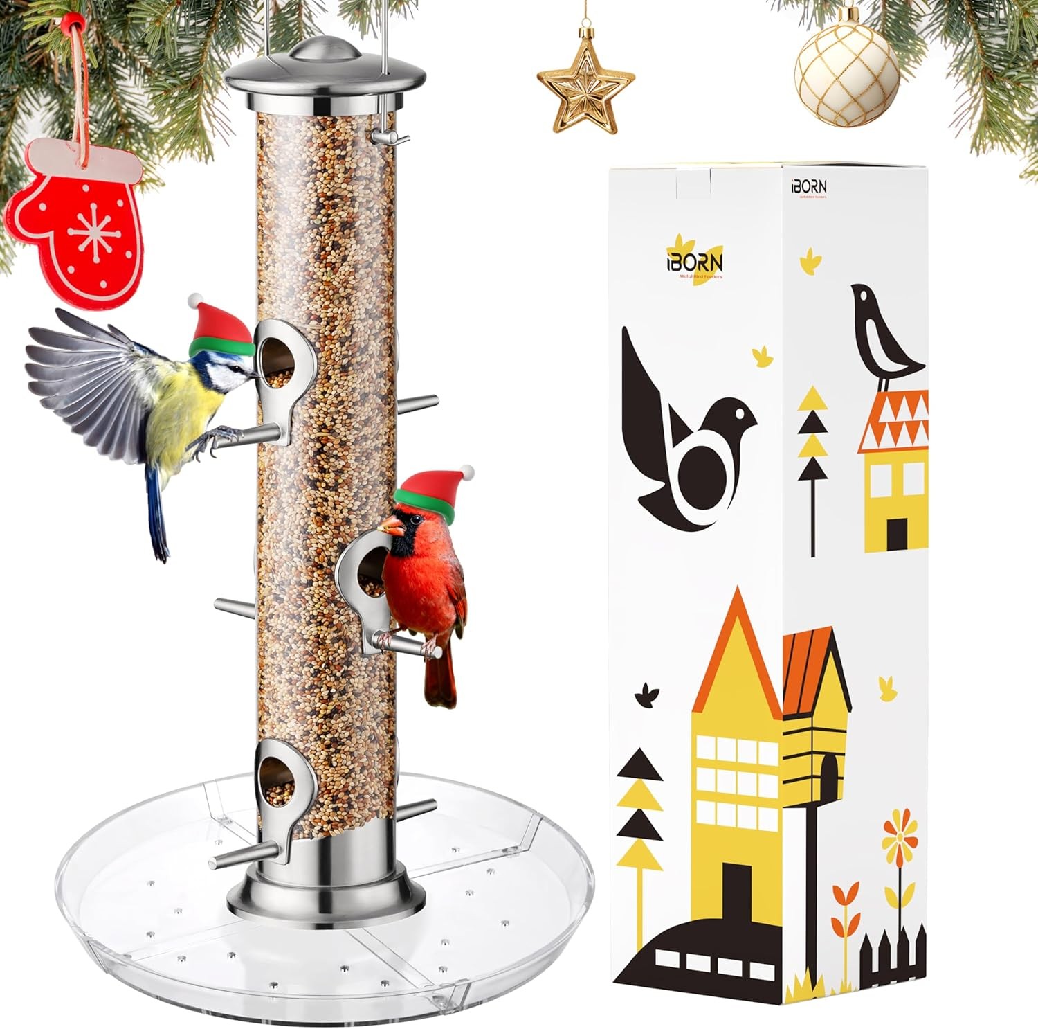 iBorn Bird Feeders Seed Catcher for Outside Hanging 6 Port Bird Feeder for Card