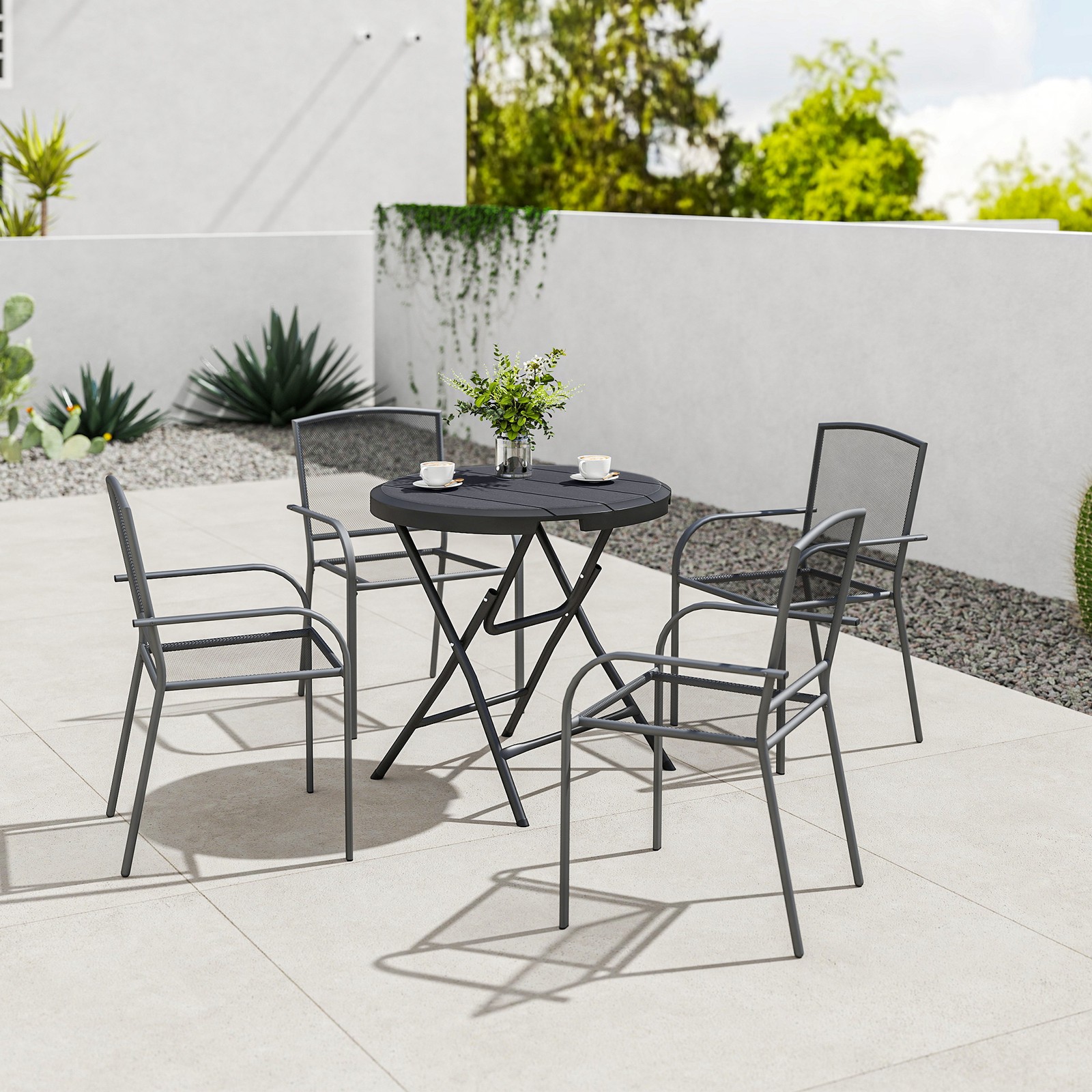Foldable Garden Table for 4, Round Outdoor Dining Table with Steel Frame