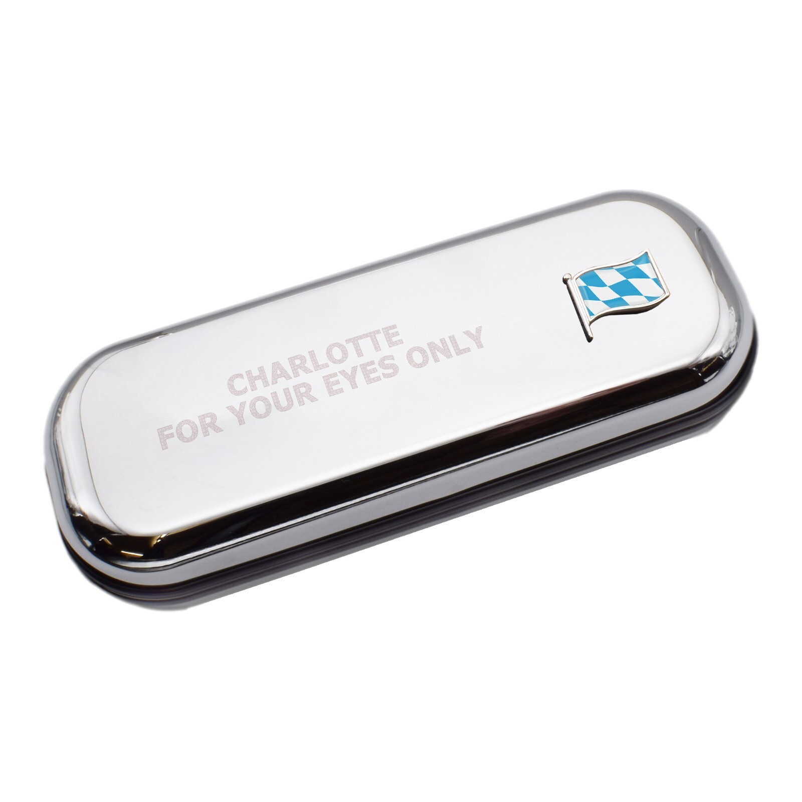 Bavarian Wave Flag & Engraved With Message Chromed Glasses Case Box