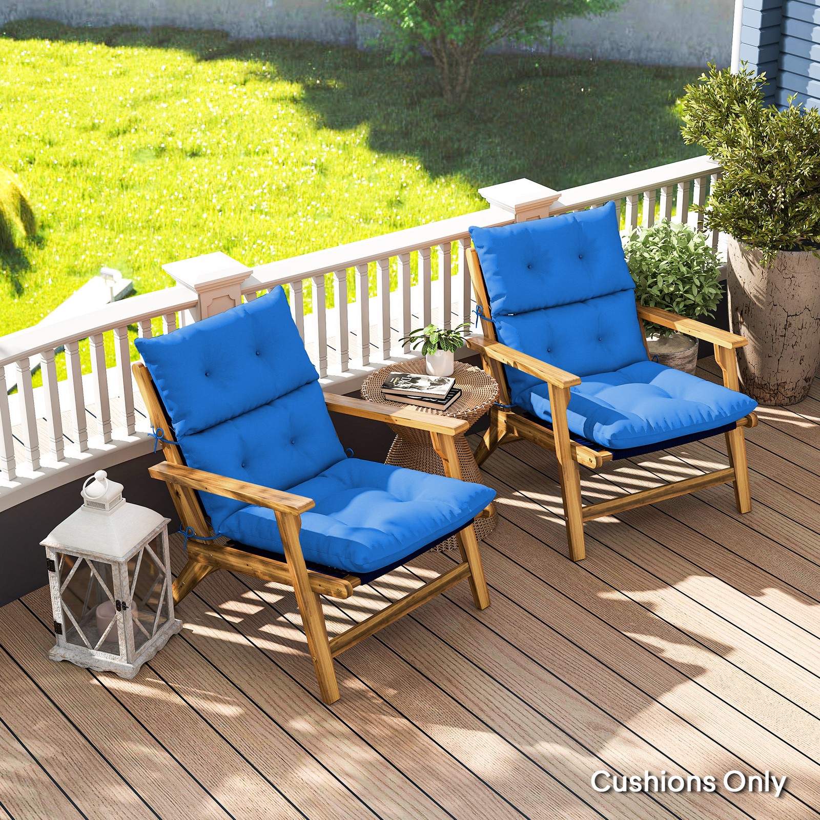 Set of 2 Adirondack Chair Cushions, Garden Seat Cushion Pads w/ Ties, Blue