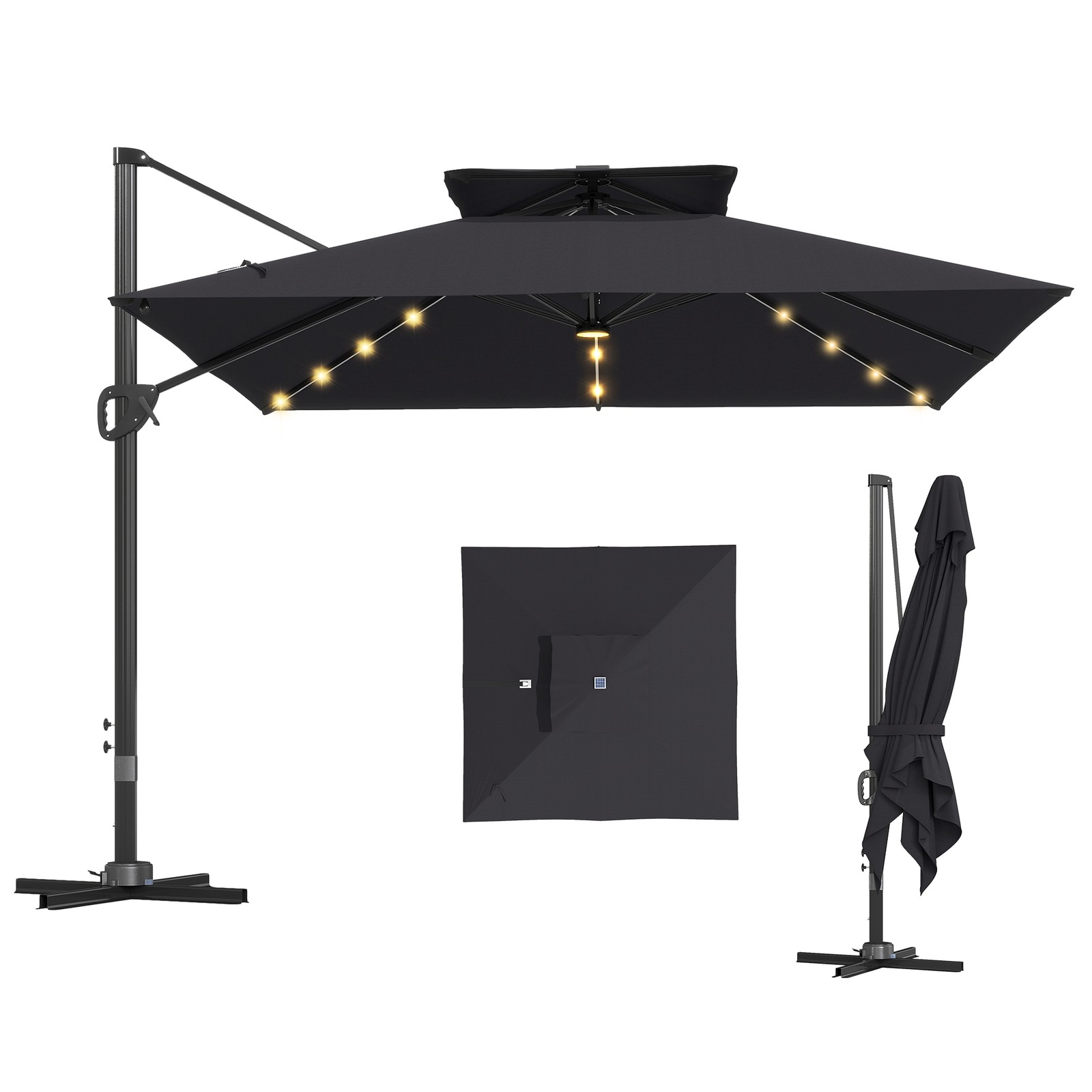 Outsunny 3.5m Aluminium Cantilever Parasol w/ LED Lights Crank Tilt UV50+ Black