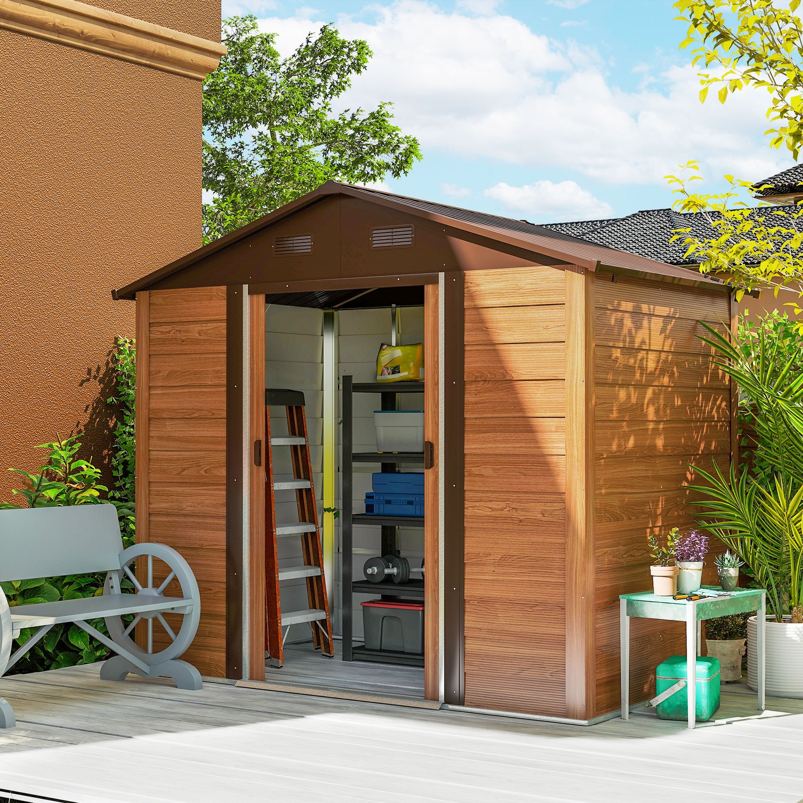 Garden Shed Storage Tool Overlap Construction Sliding Door Brown Wood Effect
