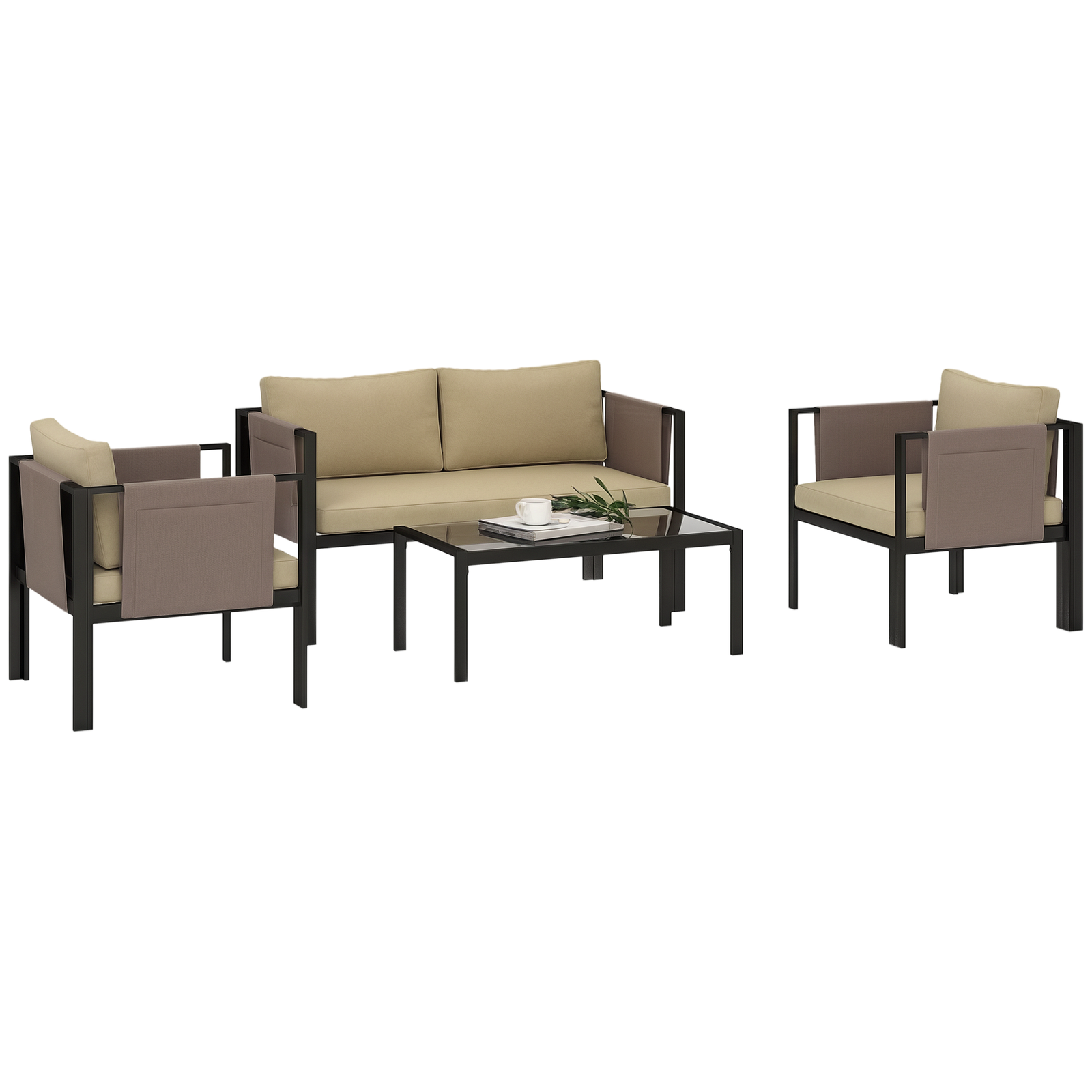 Outsunny 4 Piece Garden Sofa Set w/ Tempered Glass Coffee Table Khaki
