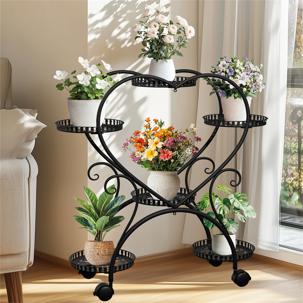 Rolling Metal Plant Stand 6-Tier Multiple Flower Pot Holder with Lockable Wheels