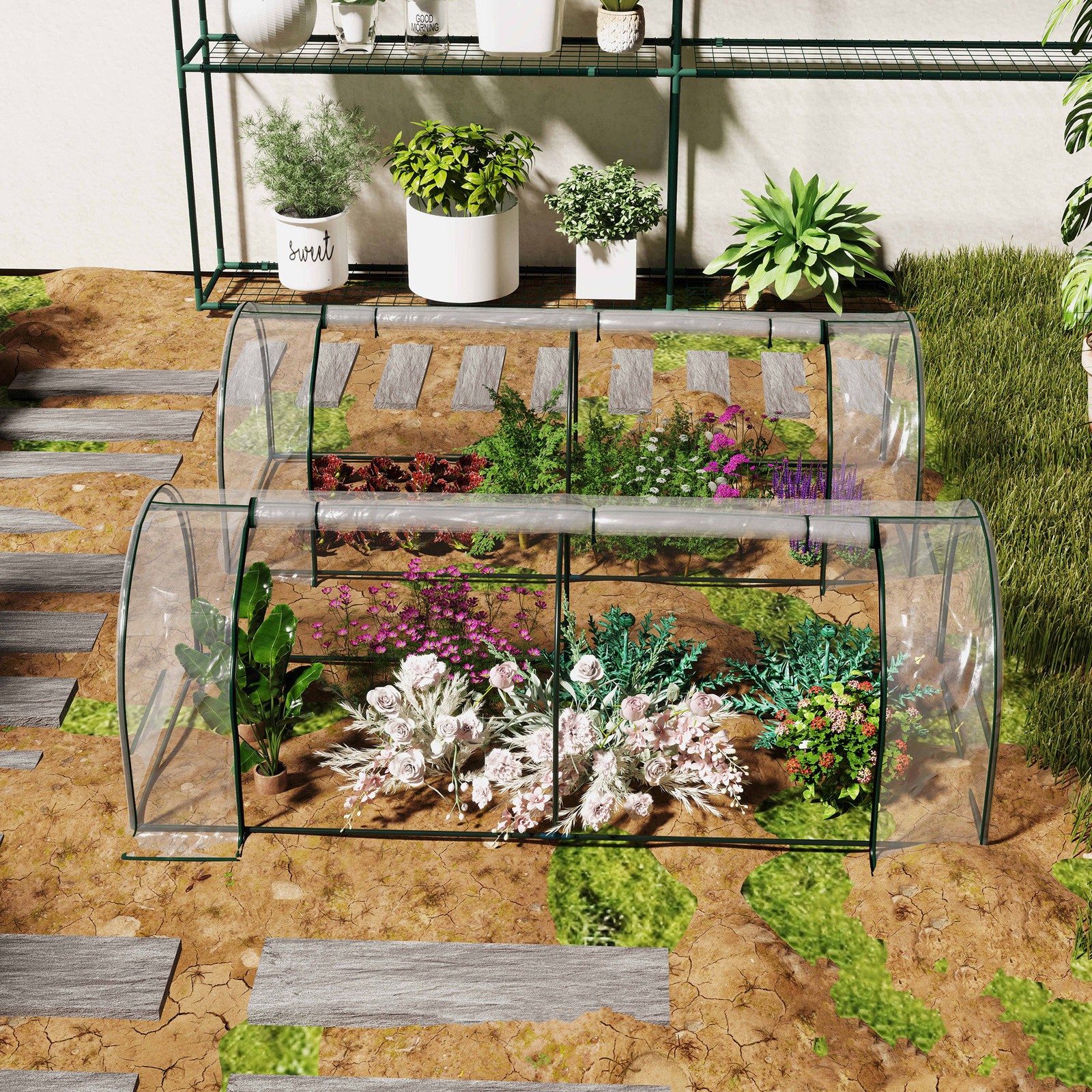 Set of 2 Plastic Tunnel Greenhouse Green Grow House Steel Frame 250 x 100 x 80cm