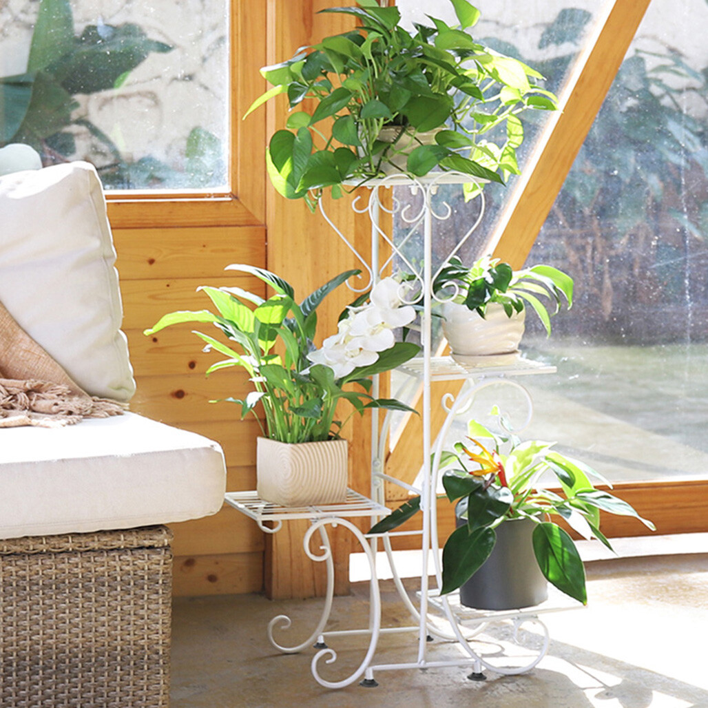 4 Holder Balcony Plant Pot Stand Metal Shelf Stylish Flower Display Garden Deco