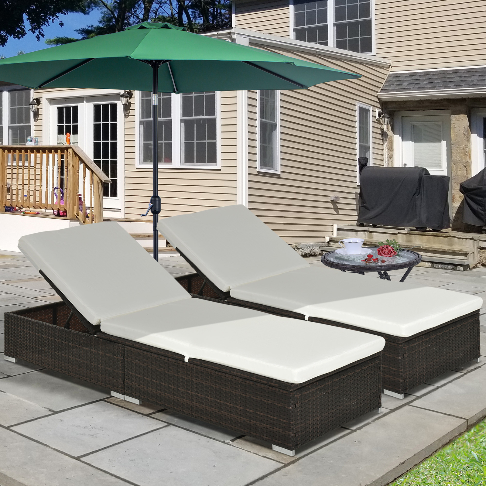 2 PCs Rattan Sun Loungers w/ Cushion, 5-Level Recliner Garden Furniture, Brown