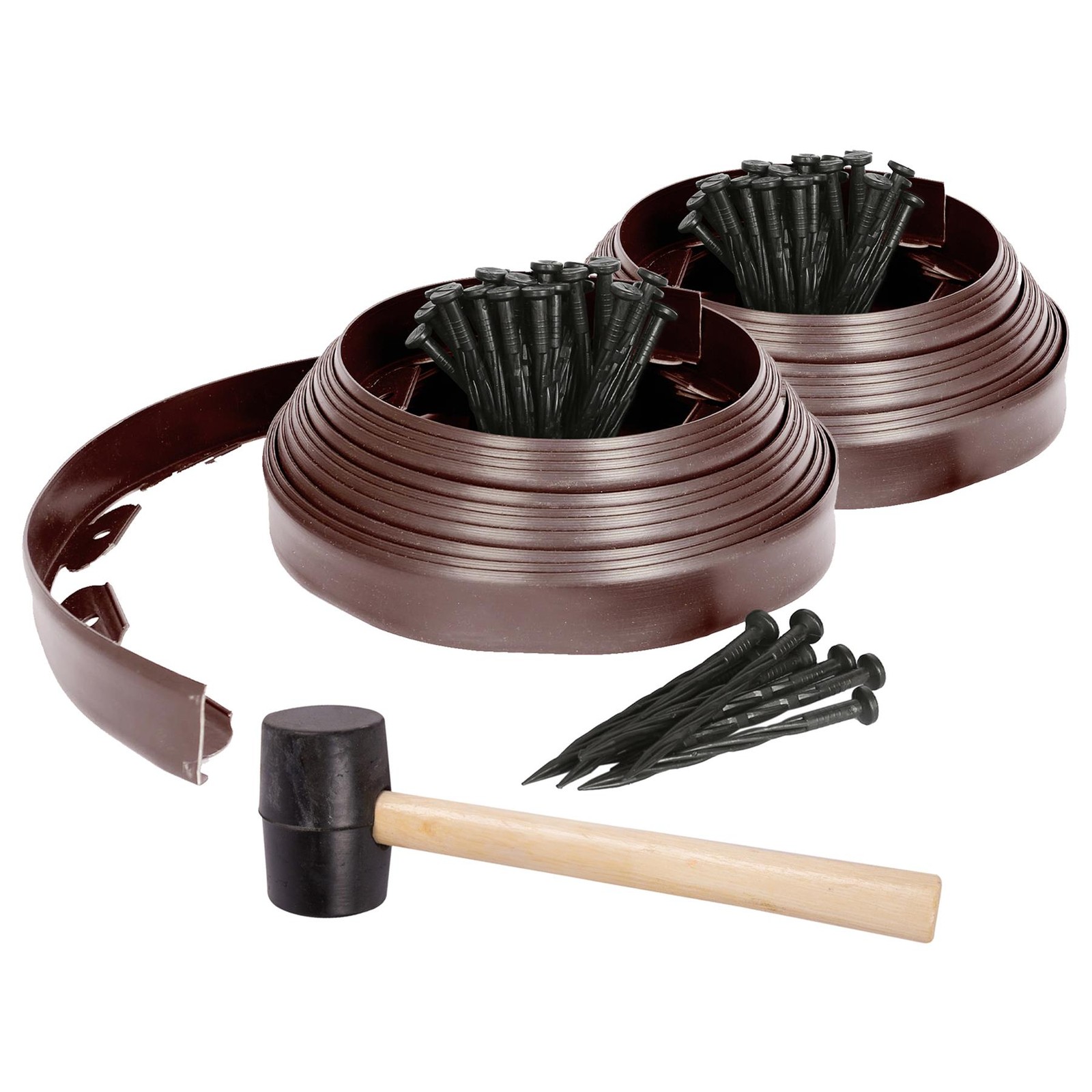2x Flexible Plastic Lawn & Path Edging with 80 Pegs & Mallet 20m x 4cm Brown