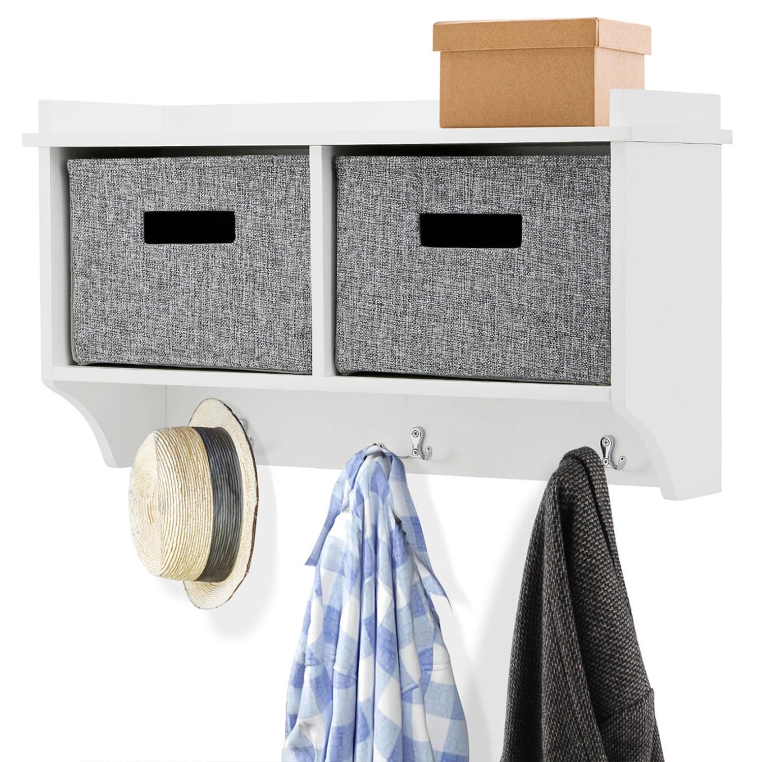 Wall Mounted Coat Rack White Shelf with 2 Grey Pull Out Baskets & 3 Double Hooks