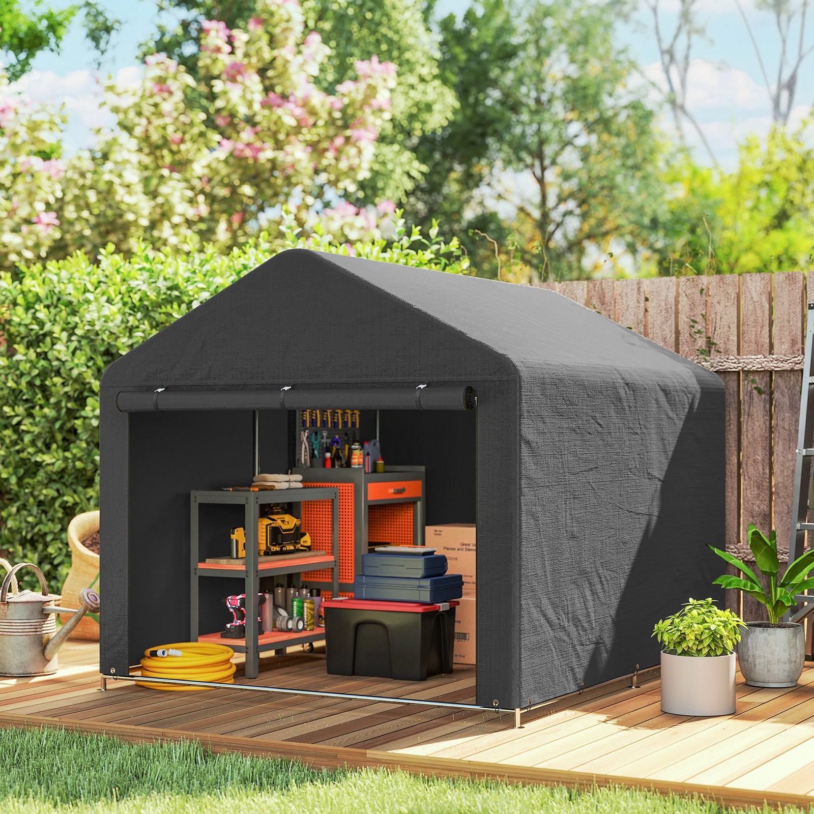 6.6 x 7.8ft Garden Storage Shed Tent with Roll-up Zipper Door, Dark Grey