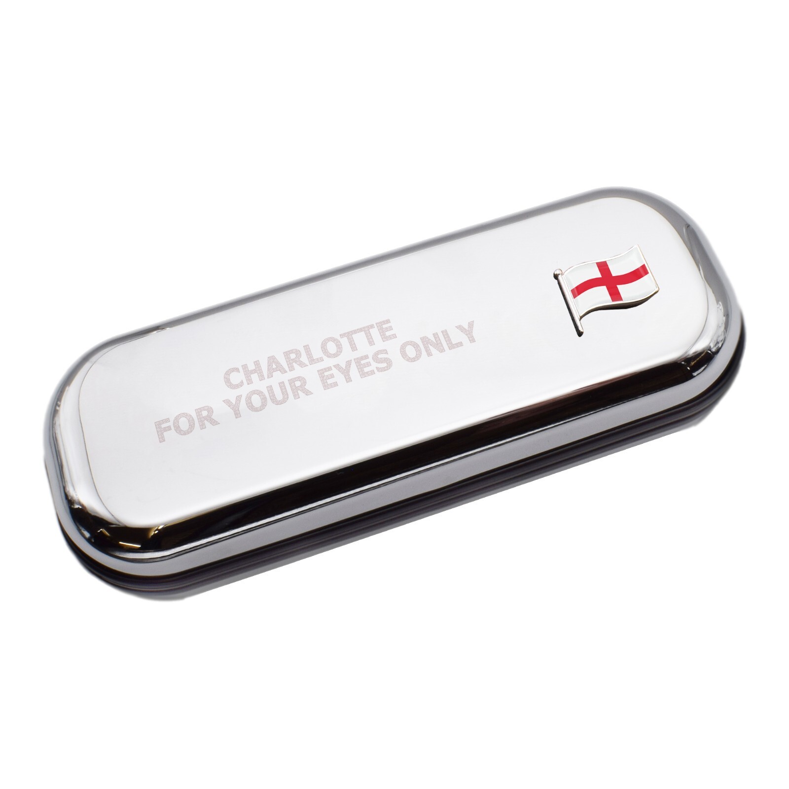 England Wave Flag & Engraved With Message Chromed Glasses Case Box