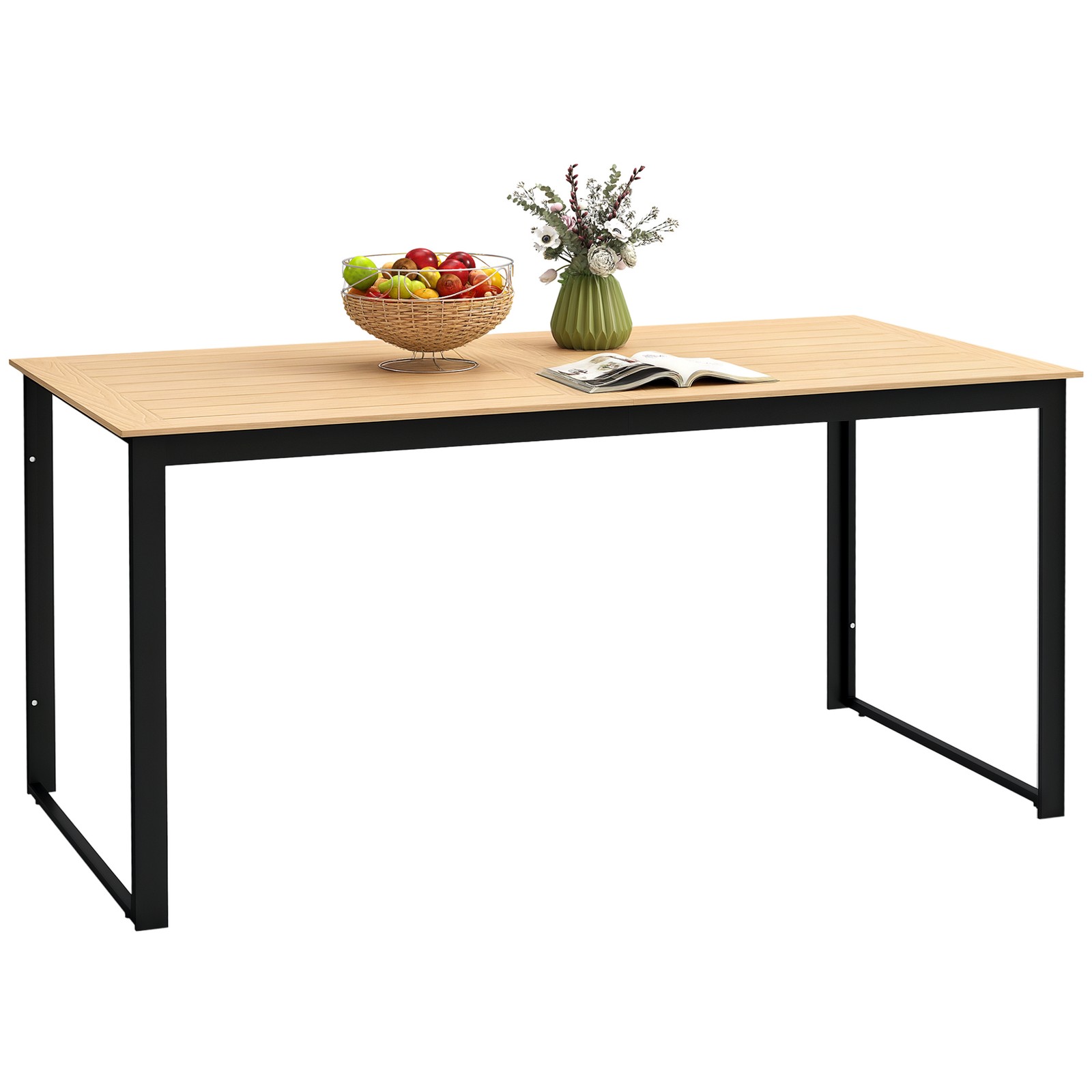 Outsunny Garden Table for 6 People with Slatted Table Top, Metal Frame, Teak