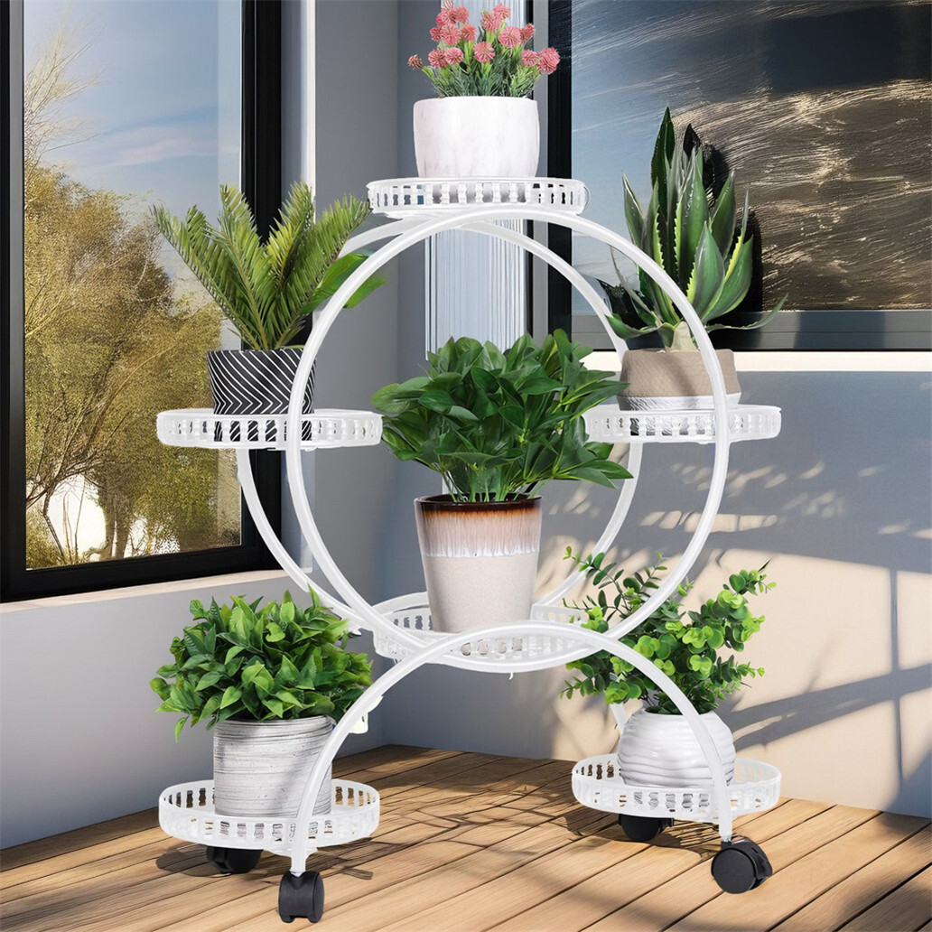 4 Tier Metal Plant Stand with Wheels 6 Potted Flower Holder Storage Shelves