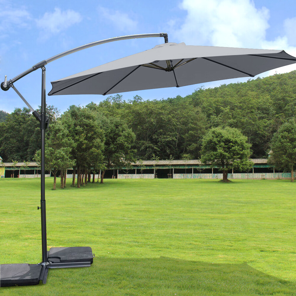 Grey 3m Garden Banana Parasol Patio Sun Shade Hanging Rattan Umbrella Cantilever