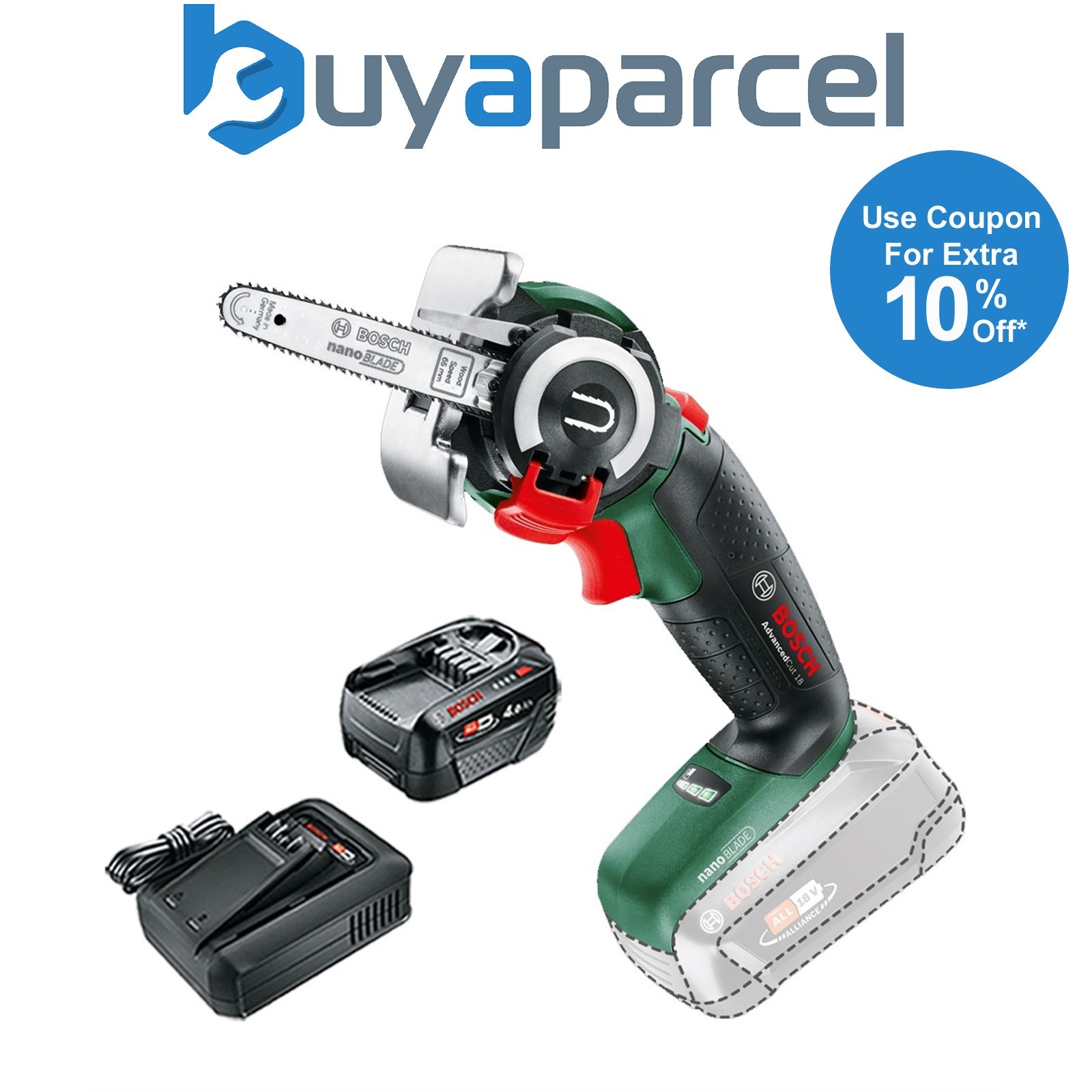Bosch 06033D5100 AdvancedCut 18v NanoBlade Mini Chainsaw + 4AH Battery Kit