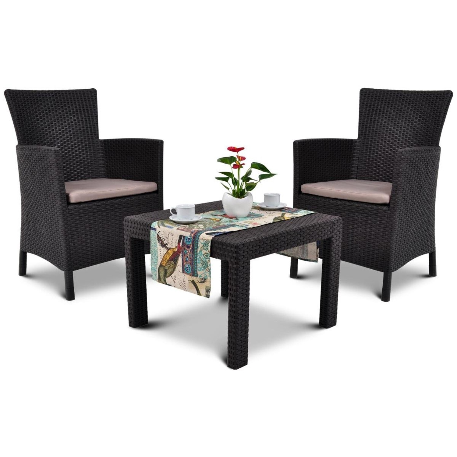 Keter Furniture Set Balcony Garden 2 Armchairs & Table Cushions Rattan Style HQ