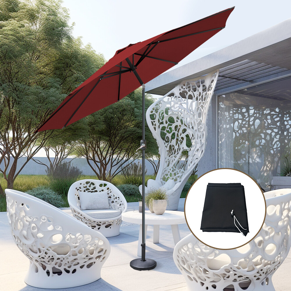 3M Parasol Patio Umbrella Outdoor Garden Sun Shade Tilt Crank Wine w/ Base Cover