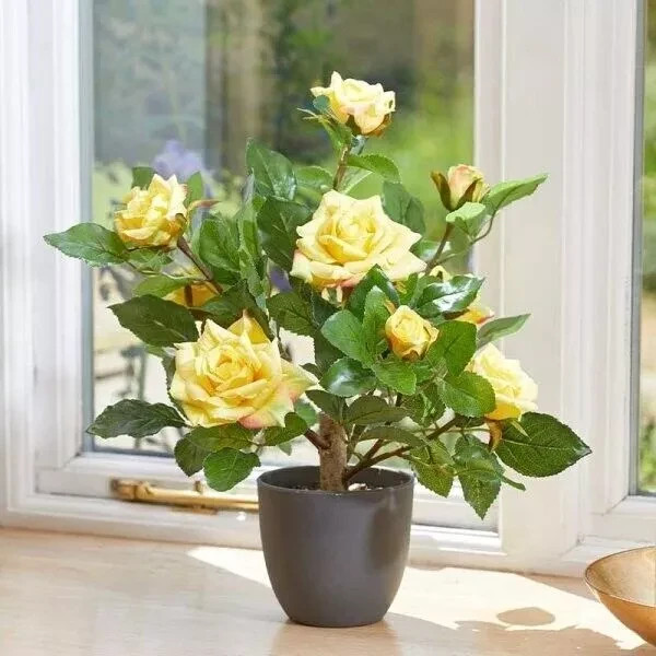 Artificial Rose Bush Tree Potted Plant Yellow Faux Flowers Home Decor Garden