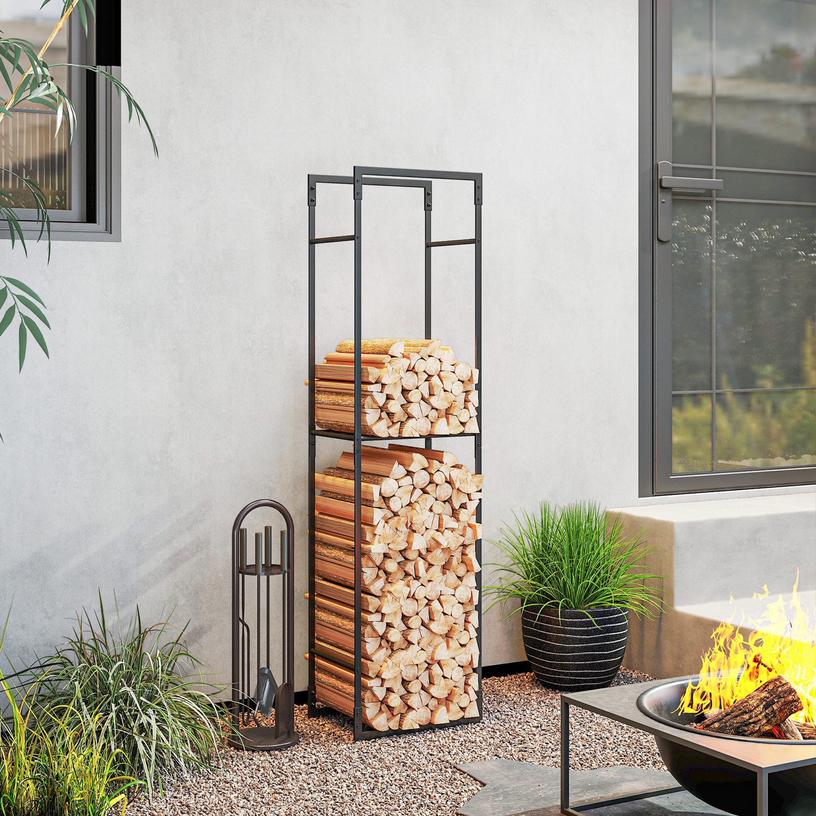 Metal Firewood Log Holder, Heavy Duty Firewood Rack with Adjustable Shelf