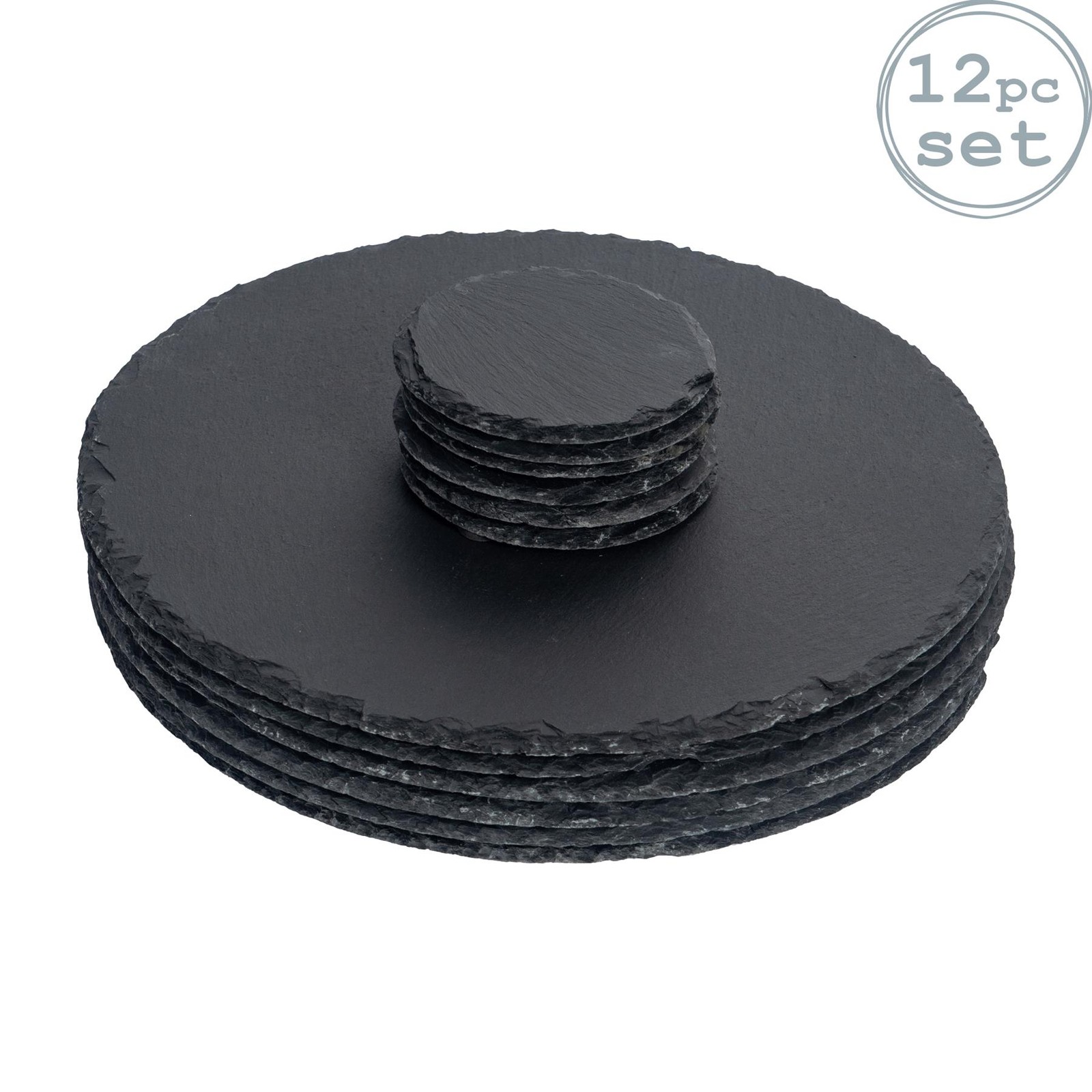 12 Piece Round Slate Placemats & Coasters Set Rustic Dining Table Setting Grey