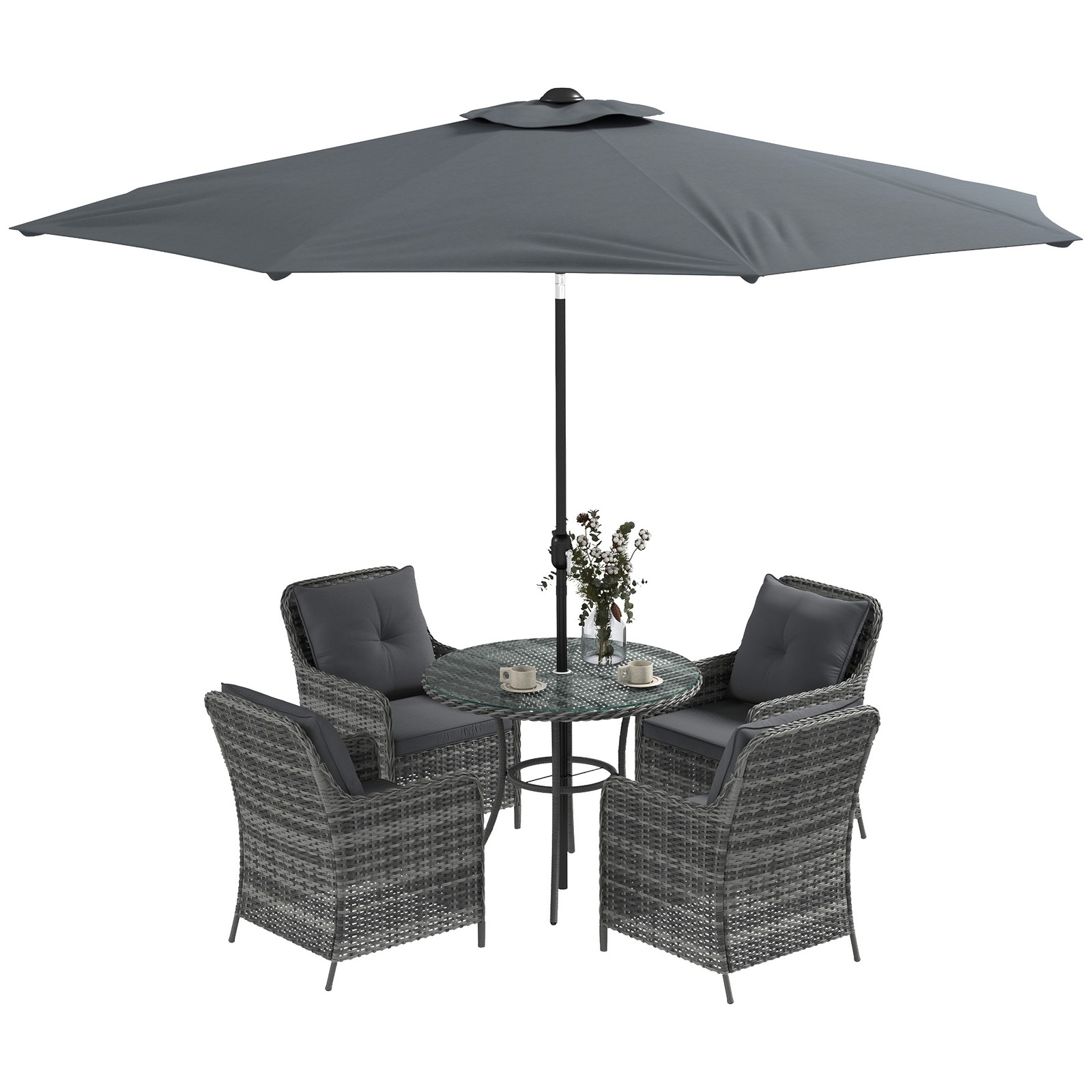 Outsunny Luxury Rattan Garden Dining Set W/ Parasol, Cushions, Mixed Grey