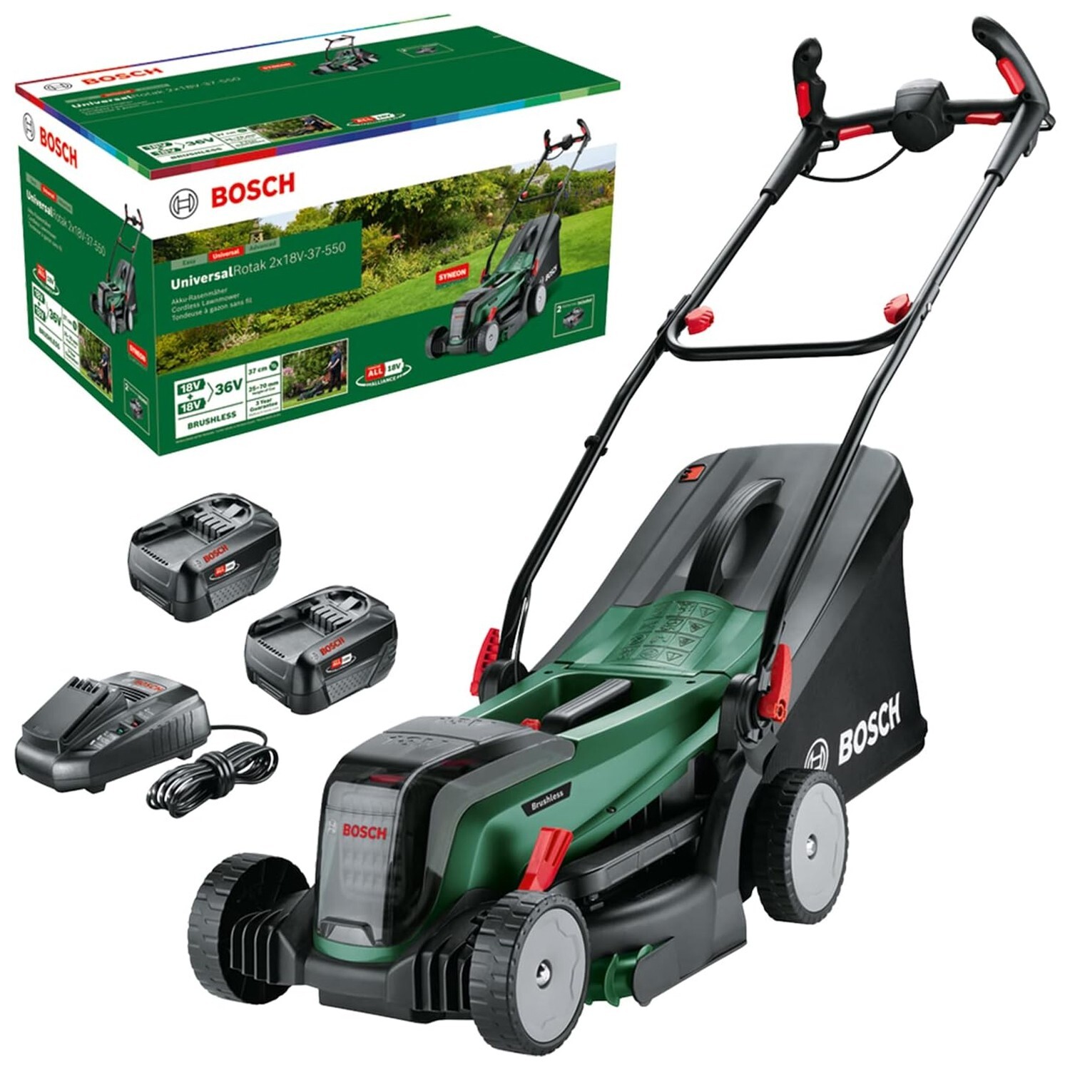 Bosch UniversalRotak 2x18V-37-550 Cordless Lawnmower 2x4.0Ah Batts & Charger