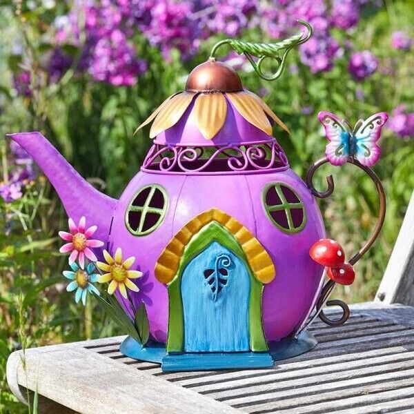 Garden Fairy House Ornament Outdoor Pixie Teapot Patio Decoration Metal Flower