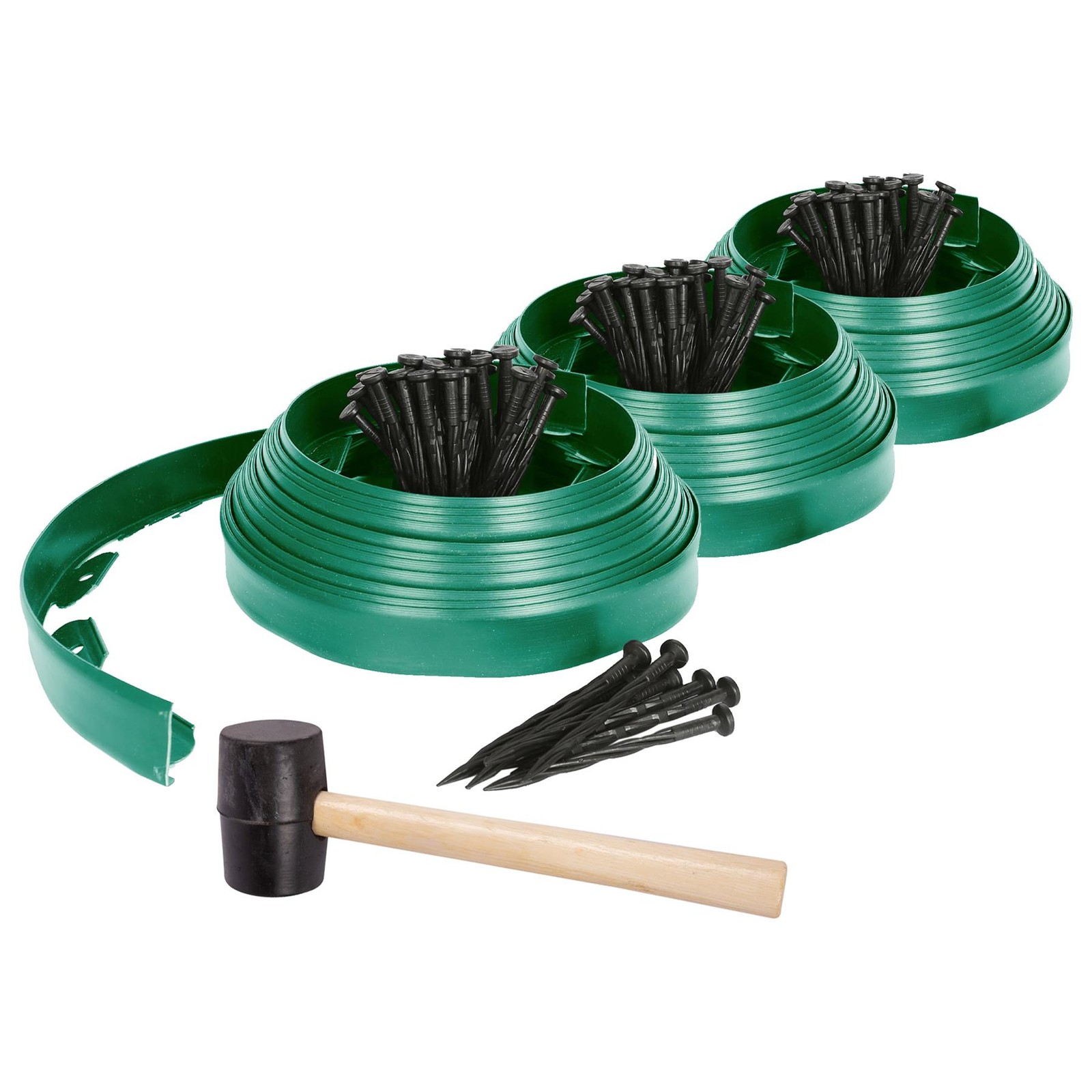 3x Flexible Plastic Lawn & Path Edging with 120 Pegs & Mallet 30m x 4cm Green