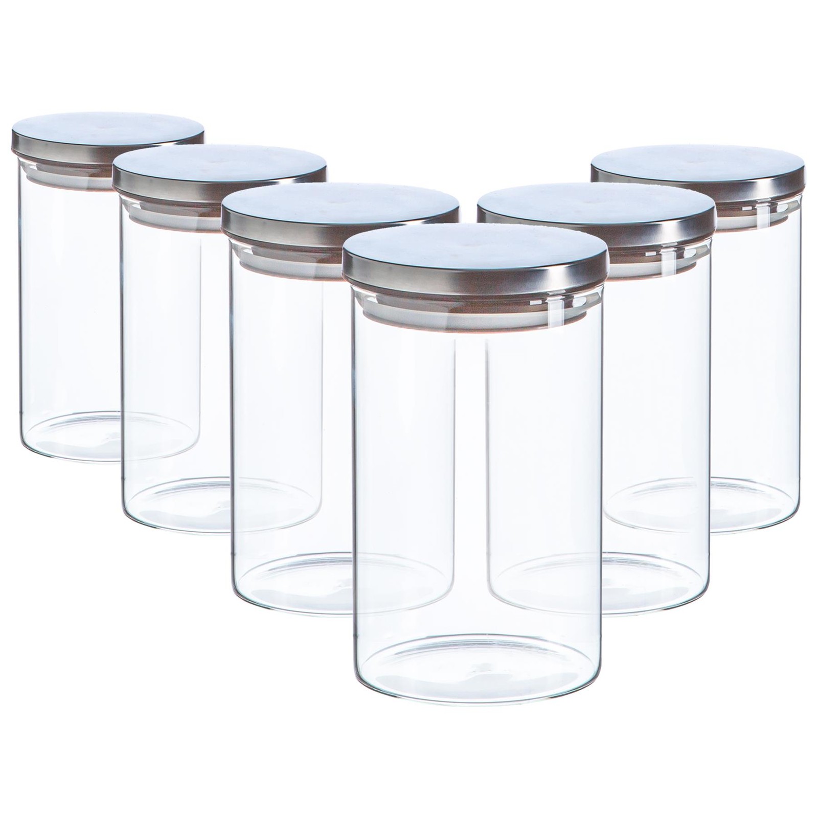 6x Glass Storage Jar with Metal Lids Modern Kitchen Food Storage 1 Litre Silver