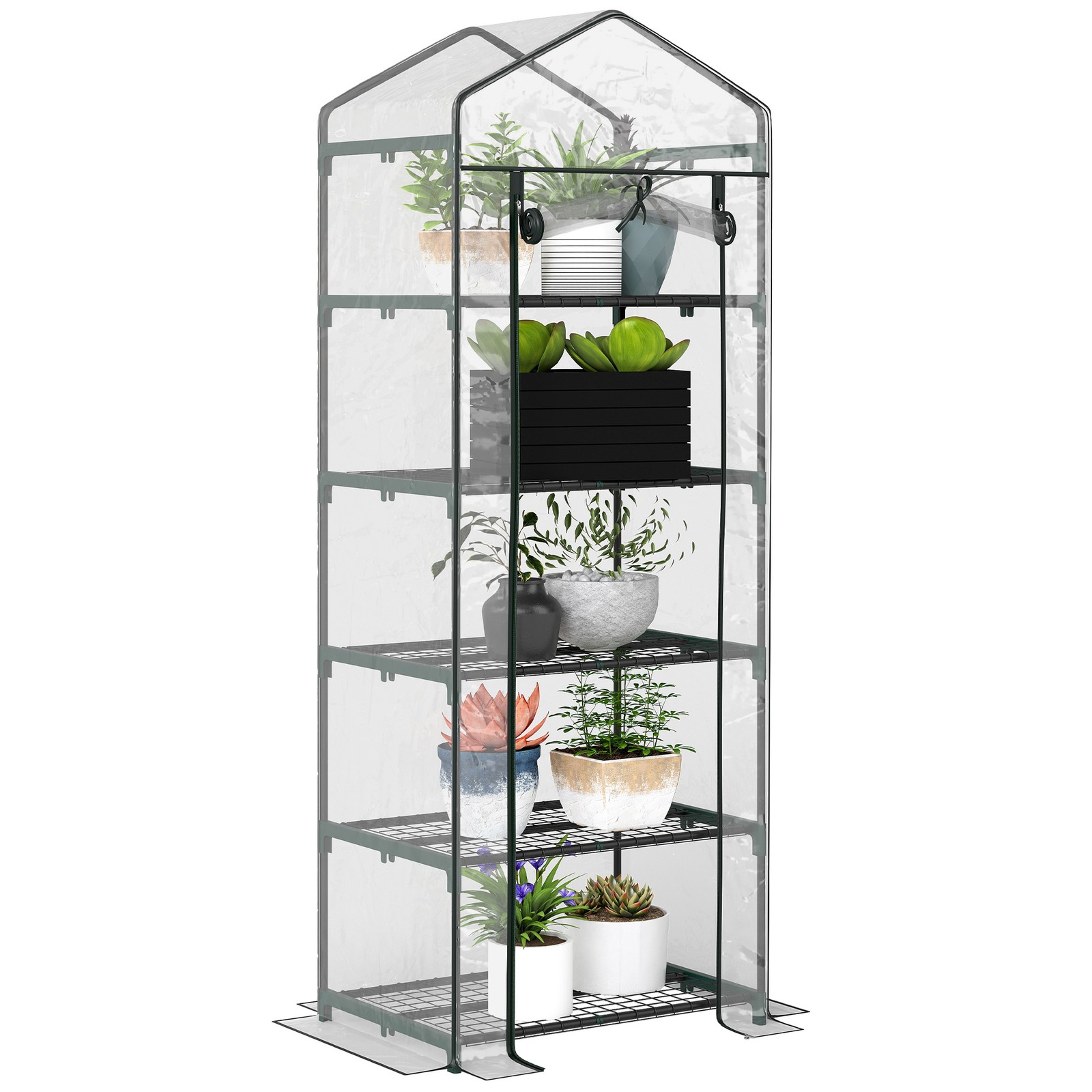 Outsunny 5-Tier Mini Greenhouse w/ Roll-Up Door, Green, Refurbished